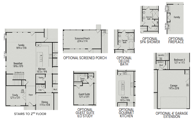 Floor plan options for The Magnolia II D, featuring guest suite, gourmet kitchen, and garage extension configurations.