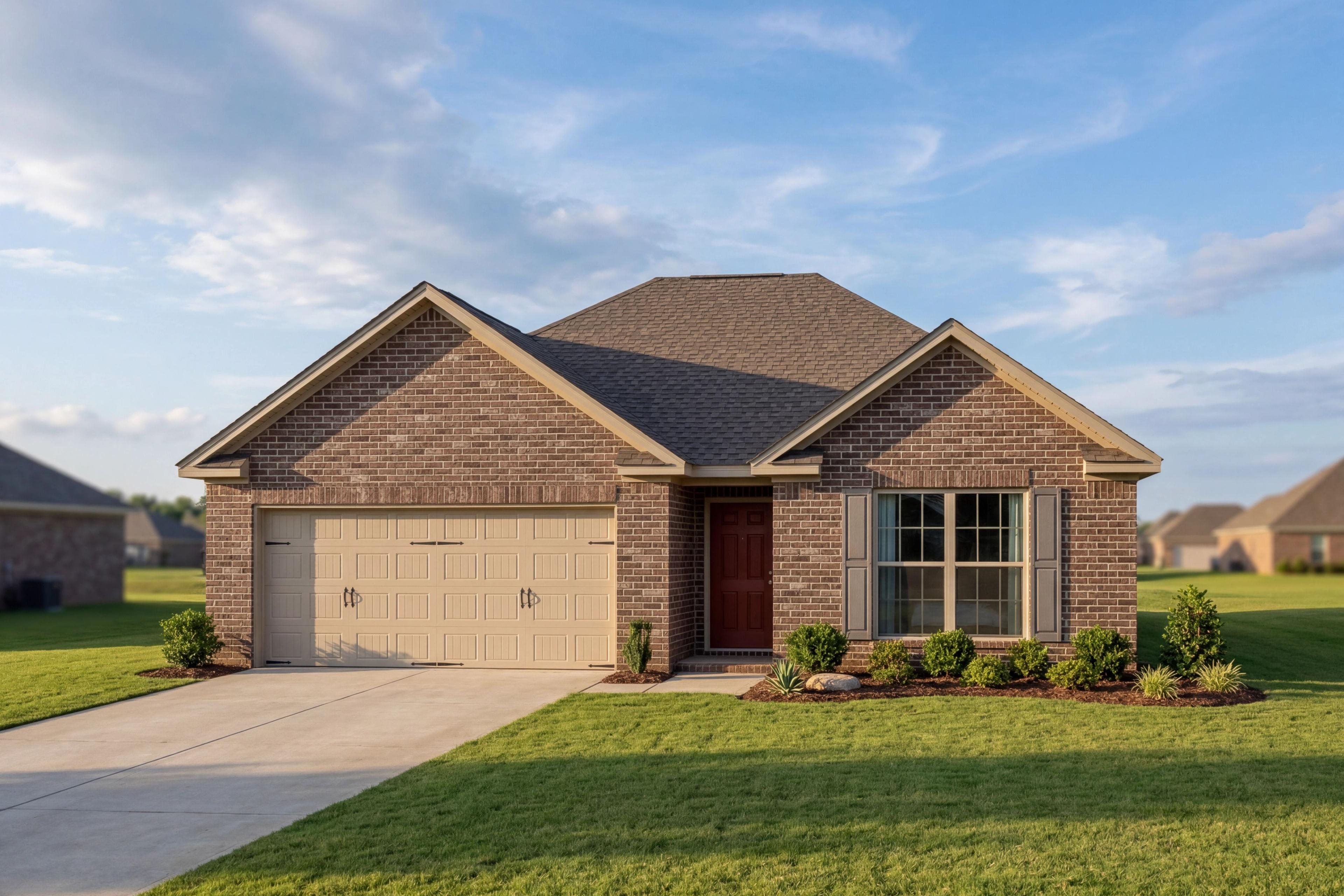 Brick exterior elevation of The Asheville one-story home by Davidson Homes, featuring 2-car garage and lush landscaping in Cullman, AL