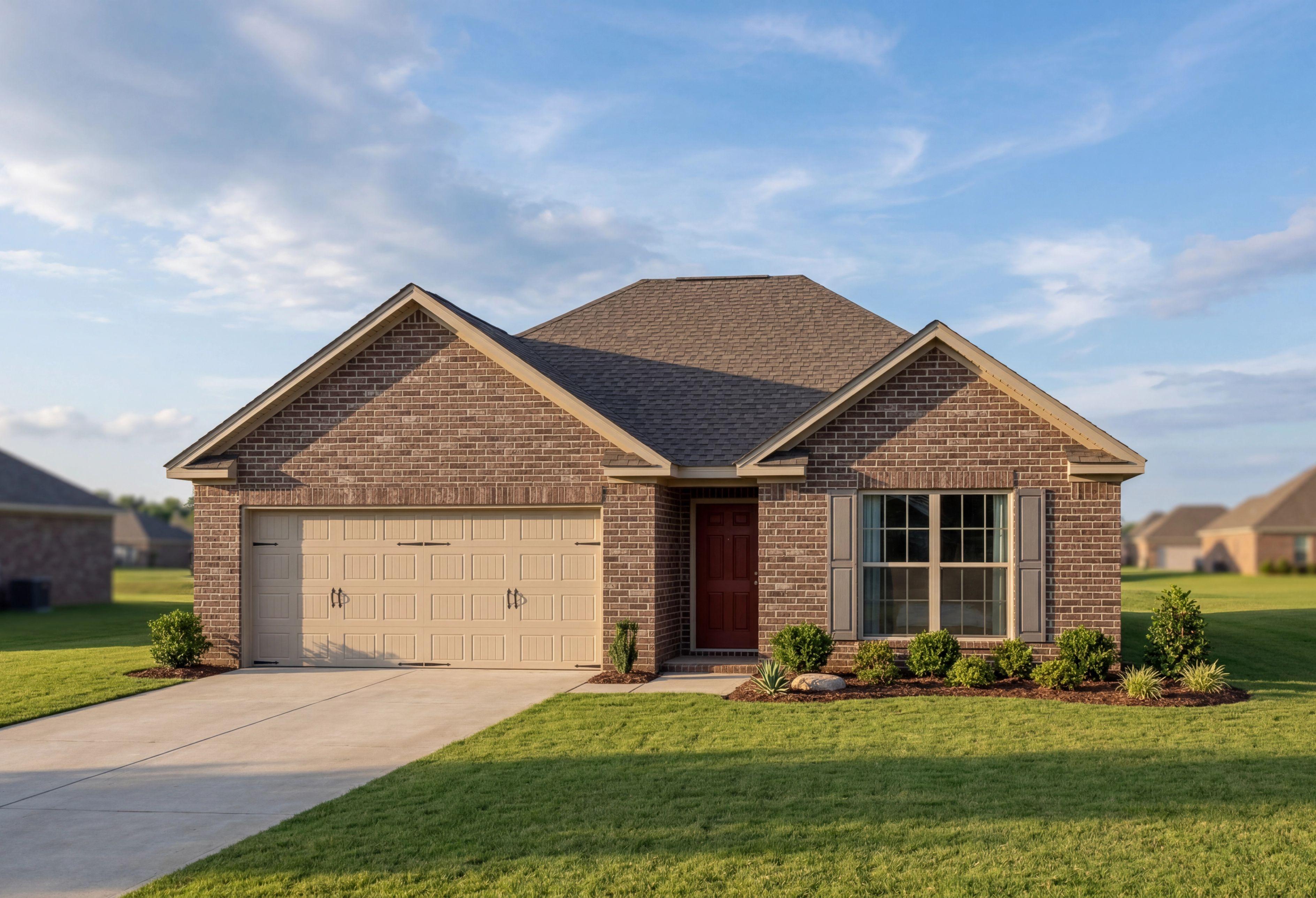 Brick exterior elevation of The Asheville one-story home by Davidson Homes, featuring 2-car garage and lush landscaping in Cullman, AL