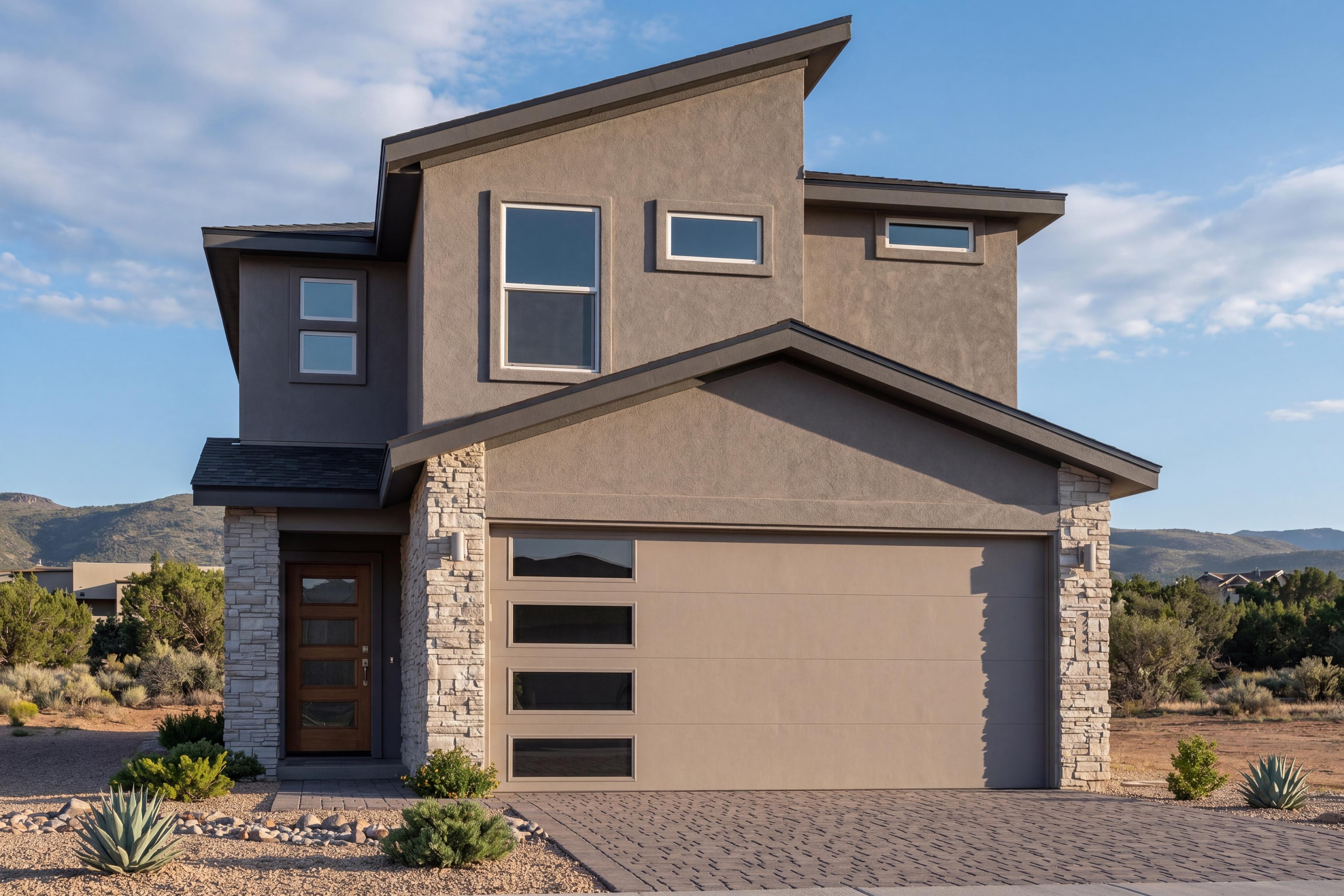 Modern two-story elevation of The Augusta C in Prescott, featuring stone accents, stucco exterior, and a spacious garage.