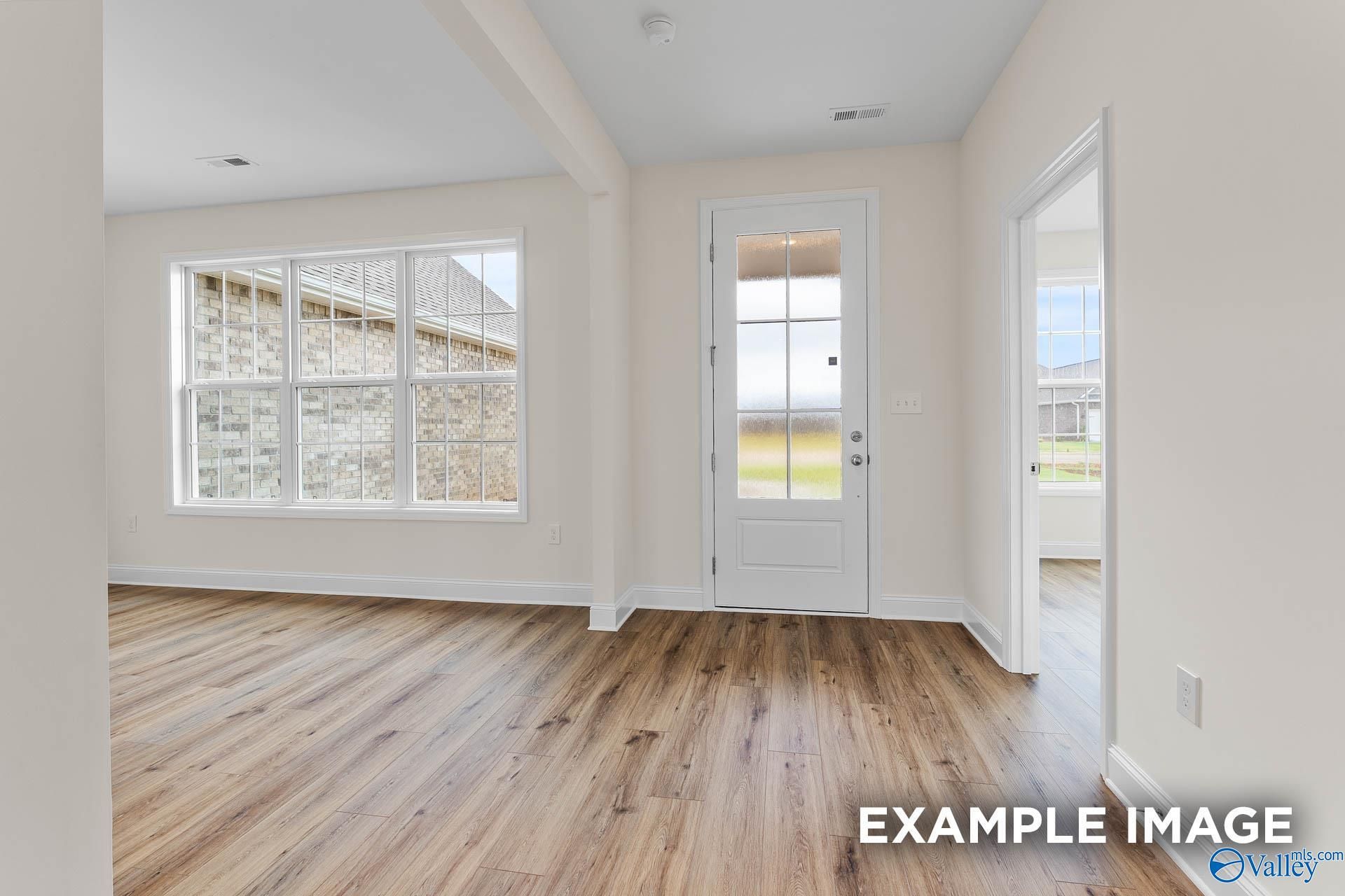 Bright entry foyer with oak hardwood floors, large windows, and glass door in Davidson Homes The Emory, Toney, AL