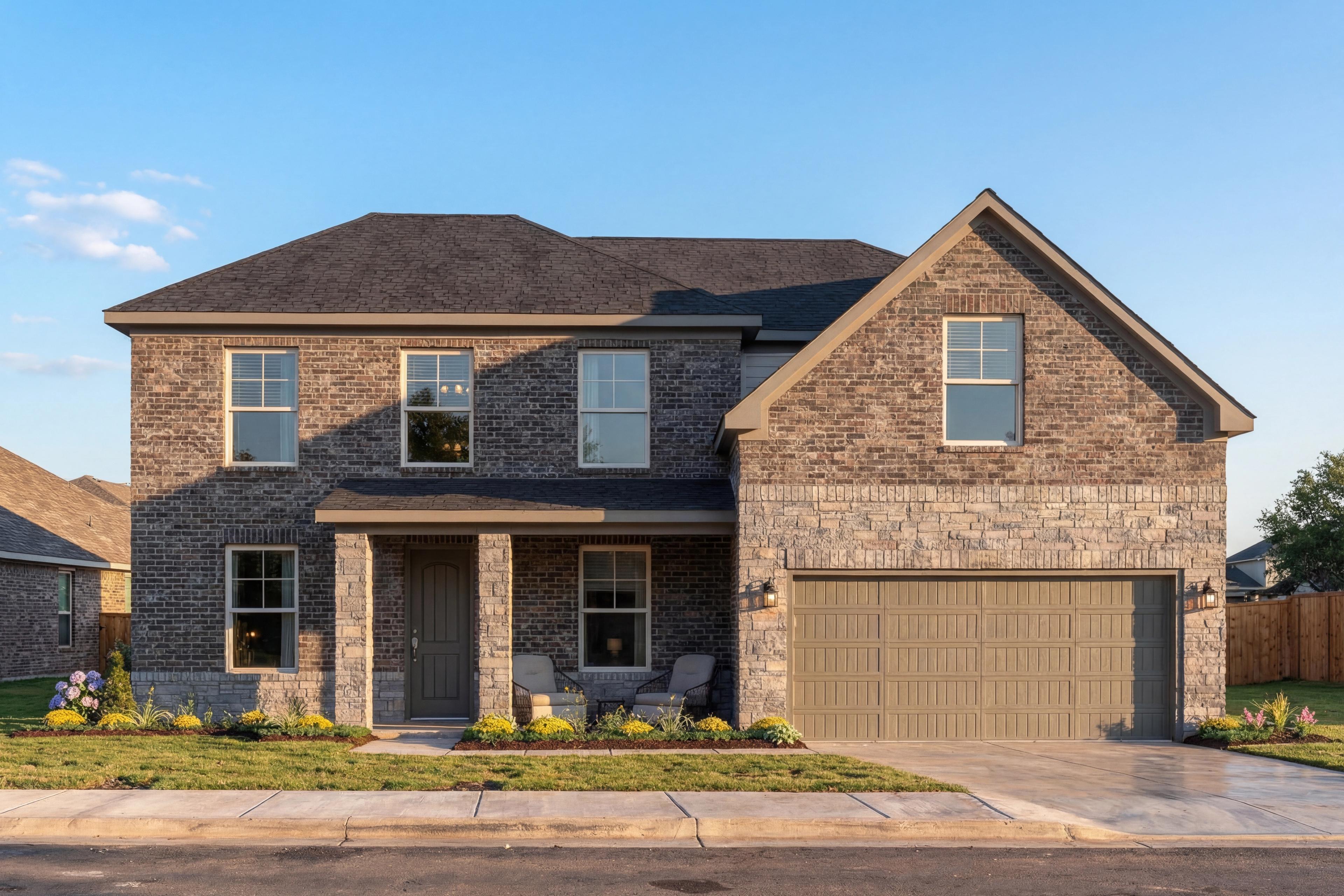 Two-story brick Danbury I home design by Davidson Homes, featuring covered porch, 2-car garage, and landscaped front yard in Castroville, Texas