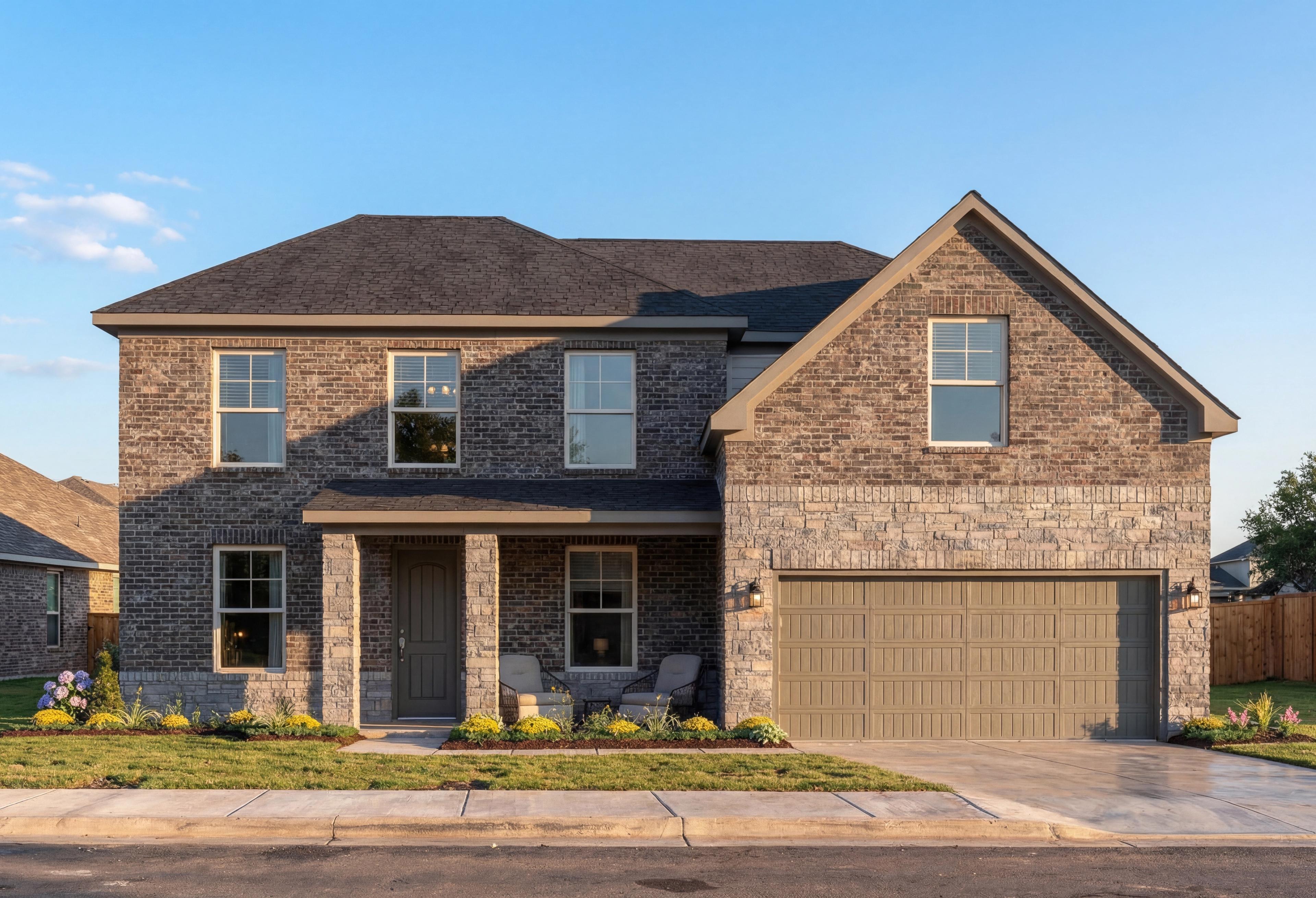 Two-story brick Danbury I home design by Davidson Homes, featuring covered porch, 2-car garage, and landscaped front yard in Castroville, Texas