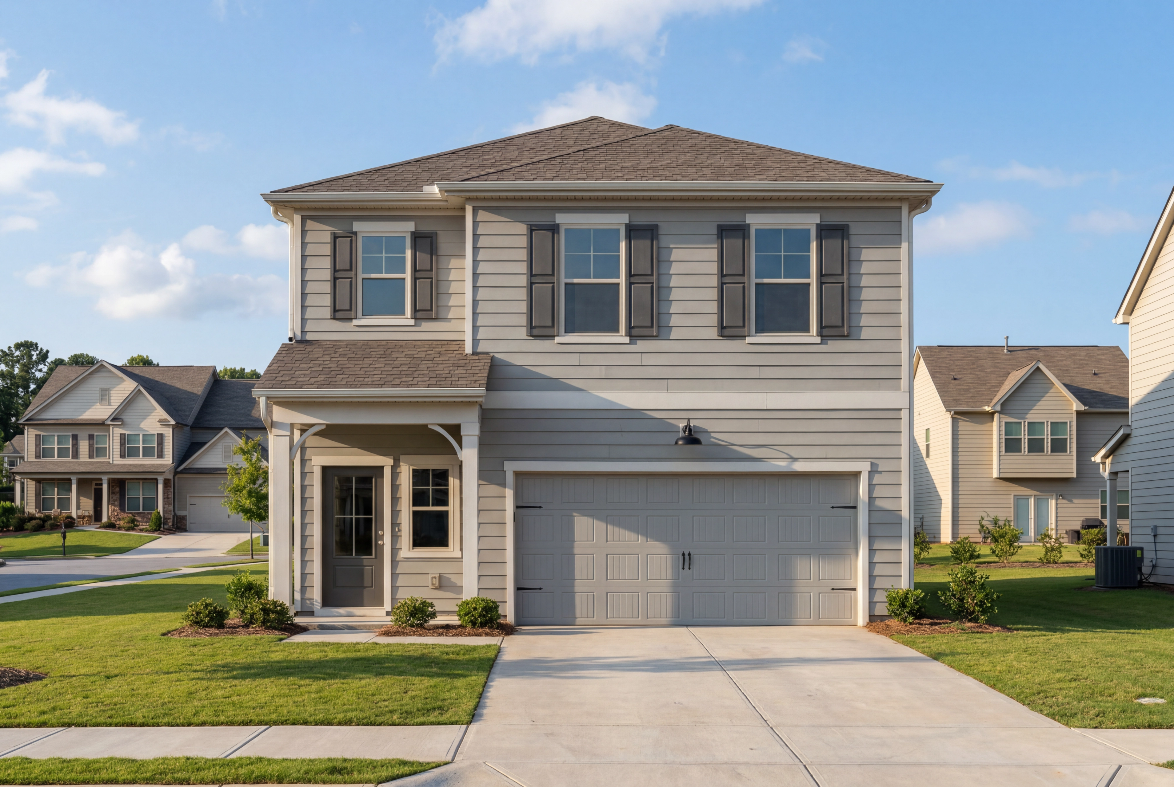 Two-story craftsman home with gray siding, covered front porch, two-car garage in The Bluffs, Canton, Georgia by Davidson Homes