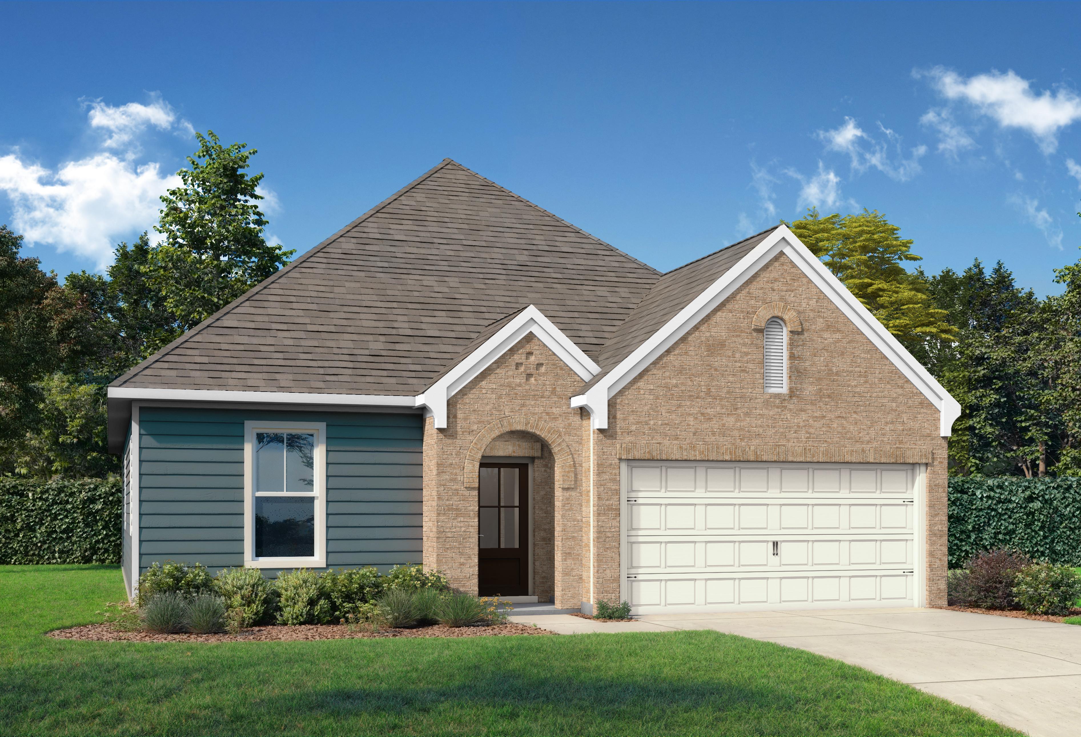 Prairie B single-story home elevation by Davidson Homes: brick and blue siding exterior, arched entry, two-car garage, lush trees and lawn