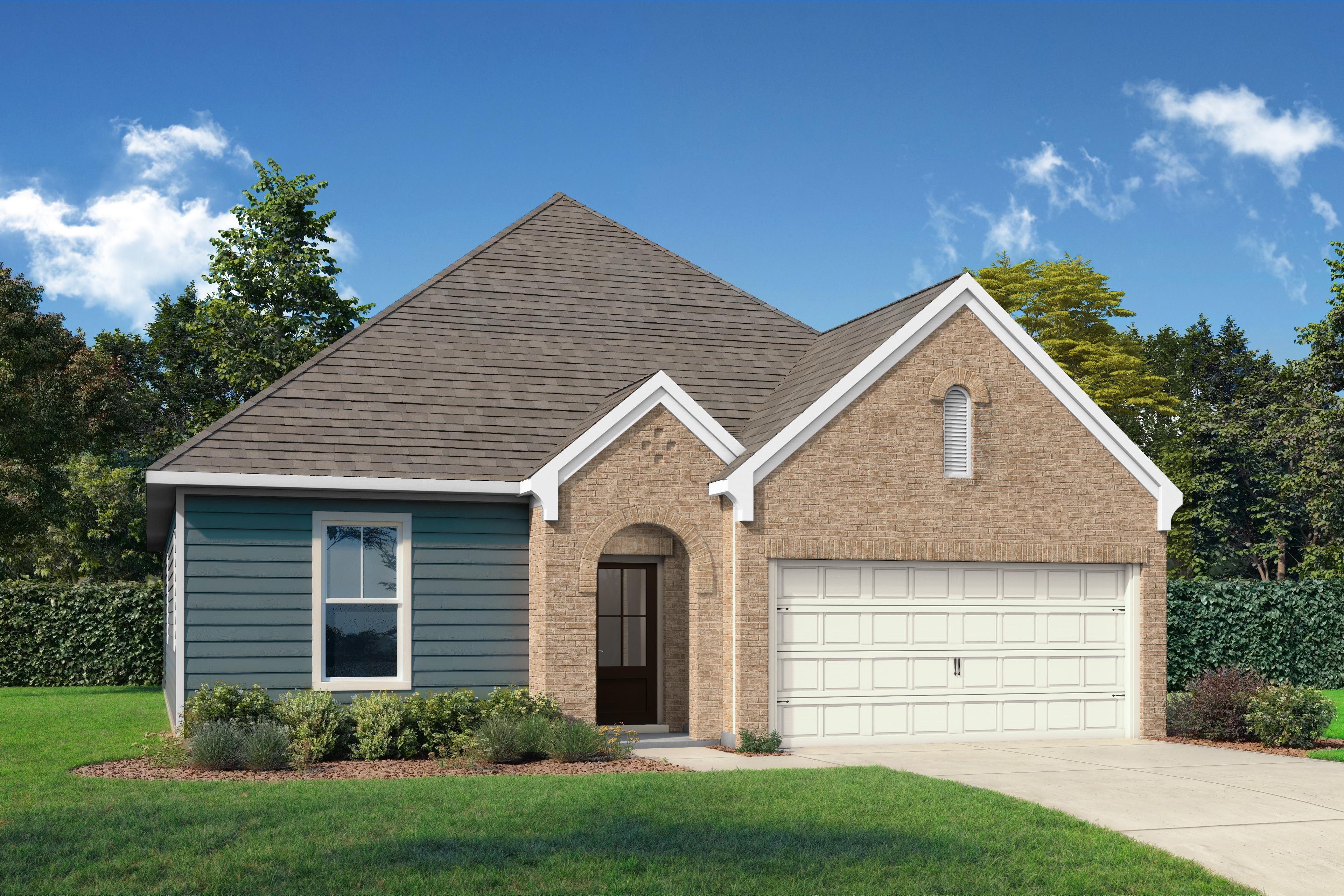 Prairie B single-story home elevation by Davidson Homes: brick and blue siding exterior, arched entry, two-car garage, lush trees and lawn