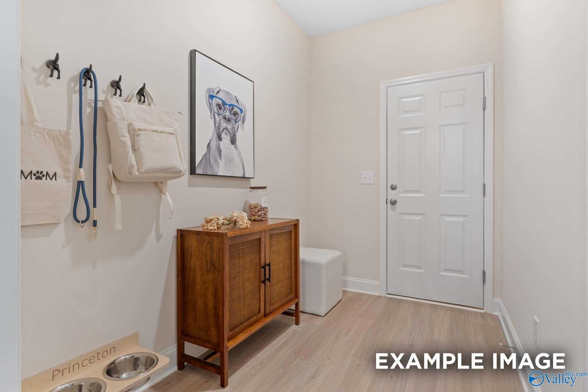 Cozy mudroom with wooden credenza, framed dog art, wall hooks for leashes and bags in Davidson Homes The Camden B, Pavilion Huntsville