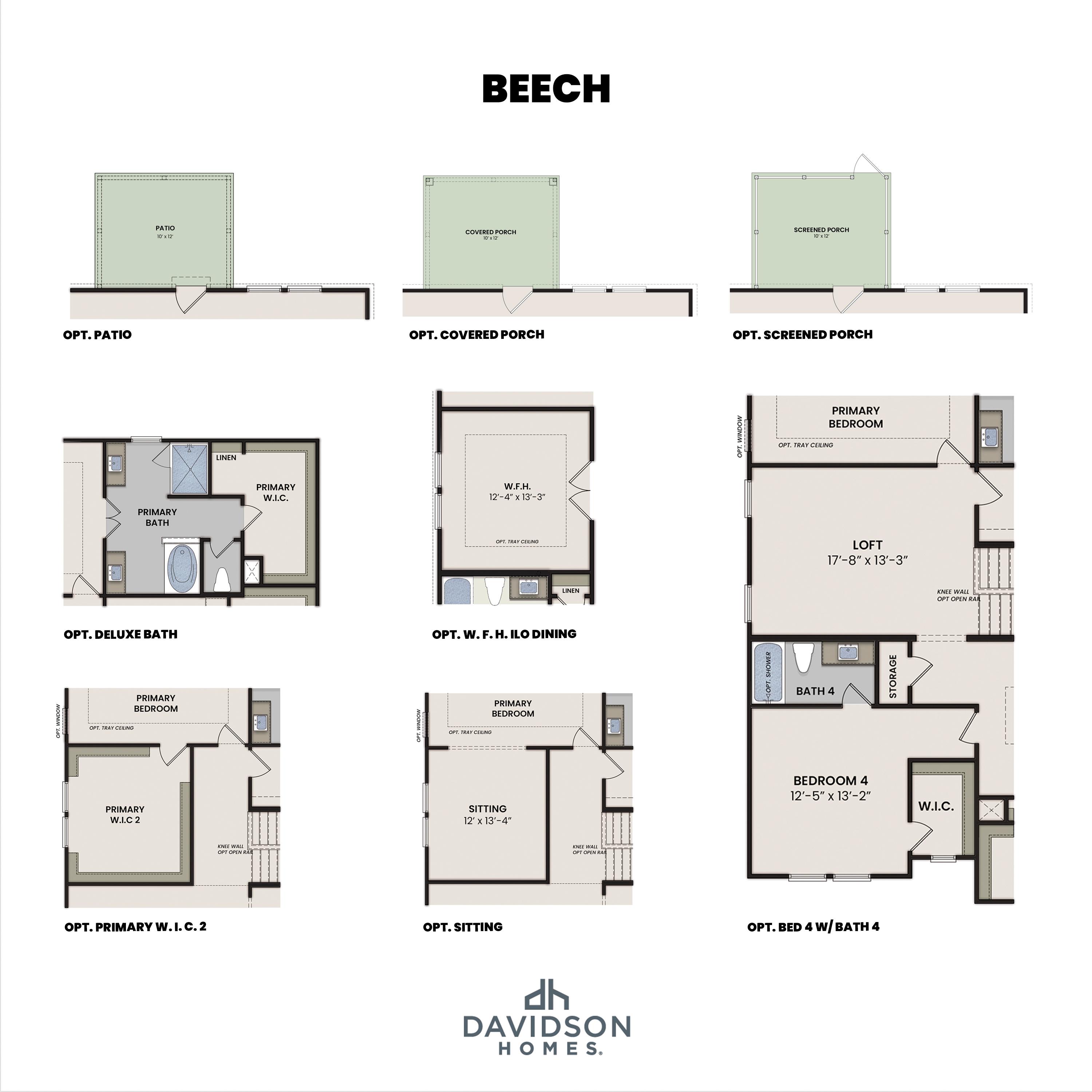 Optional floor plan layouts for The Beech by Davidson Homes, featuring primary suite upgrades and additional bedroom.