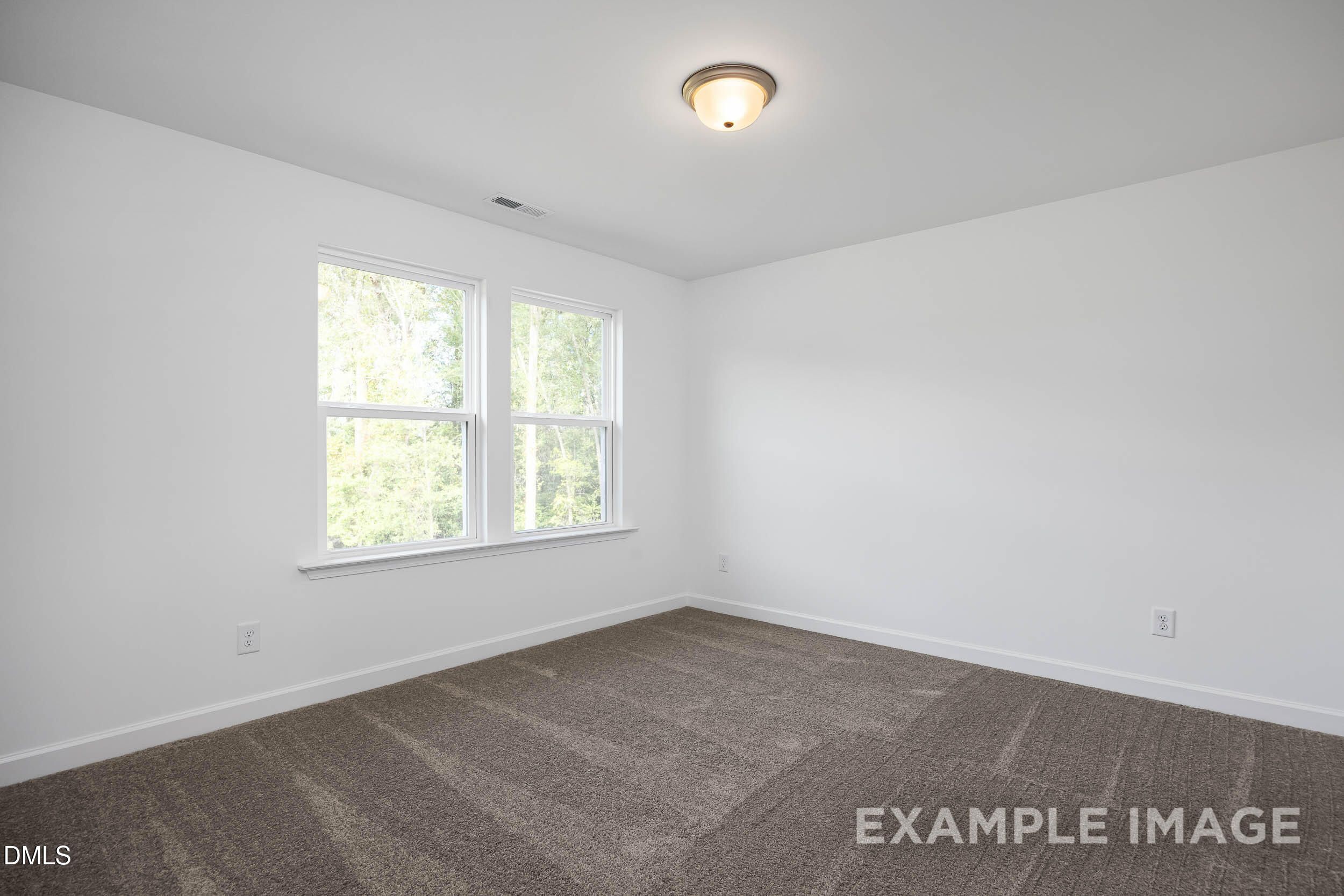 Bright bedroom with white walls, large double windows overlooking trees, carpet floor, ceiling light in The Willow D, Zebulon, NC
