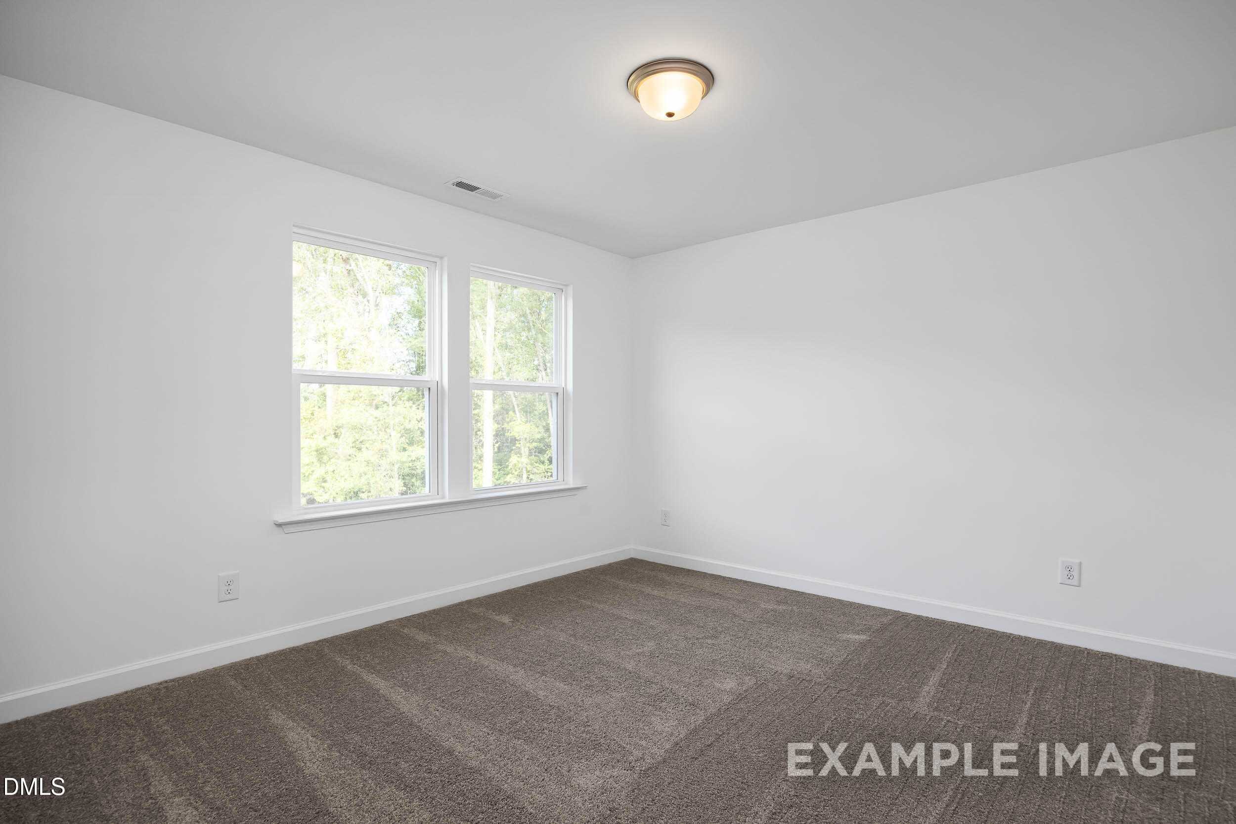 Bright bedroom with white walls, large double windows overlooking trees, carpet floor, ceiling light in The Willow D, Zebulon, NC