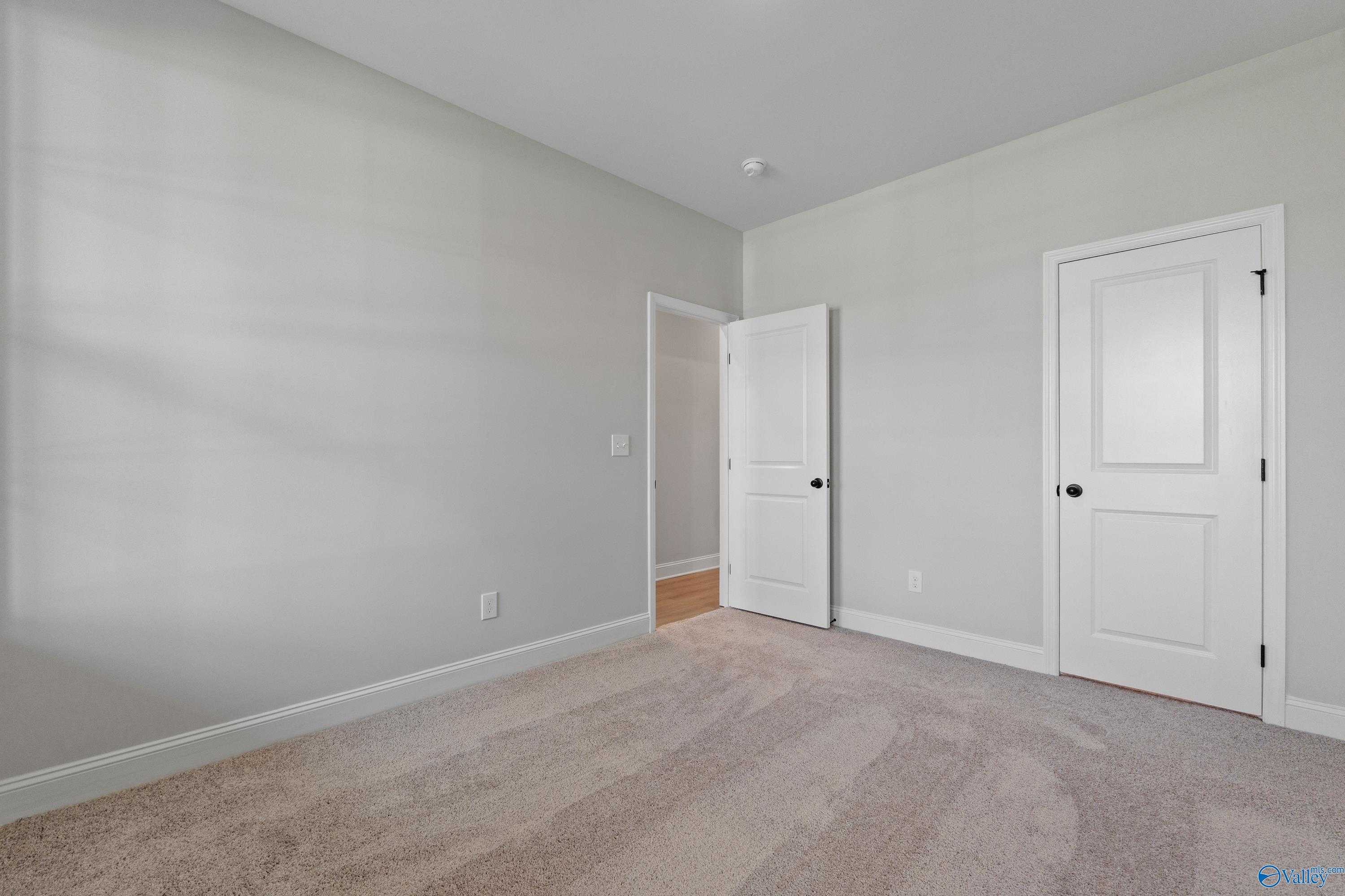 Spacious empty bedroom with gray walls, beige carpet, and white doors in Davidson Homes The Rockford, Toney, Alabama