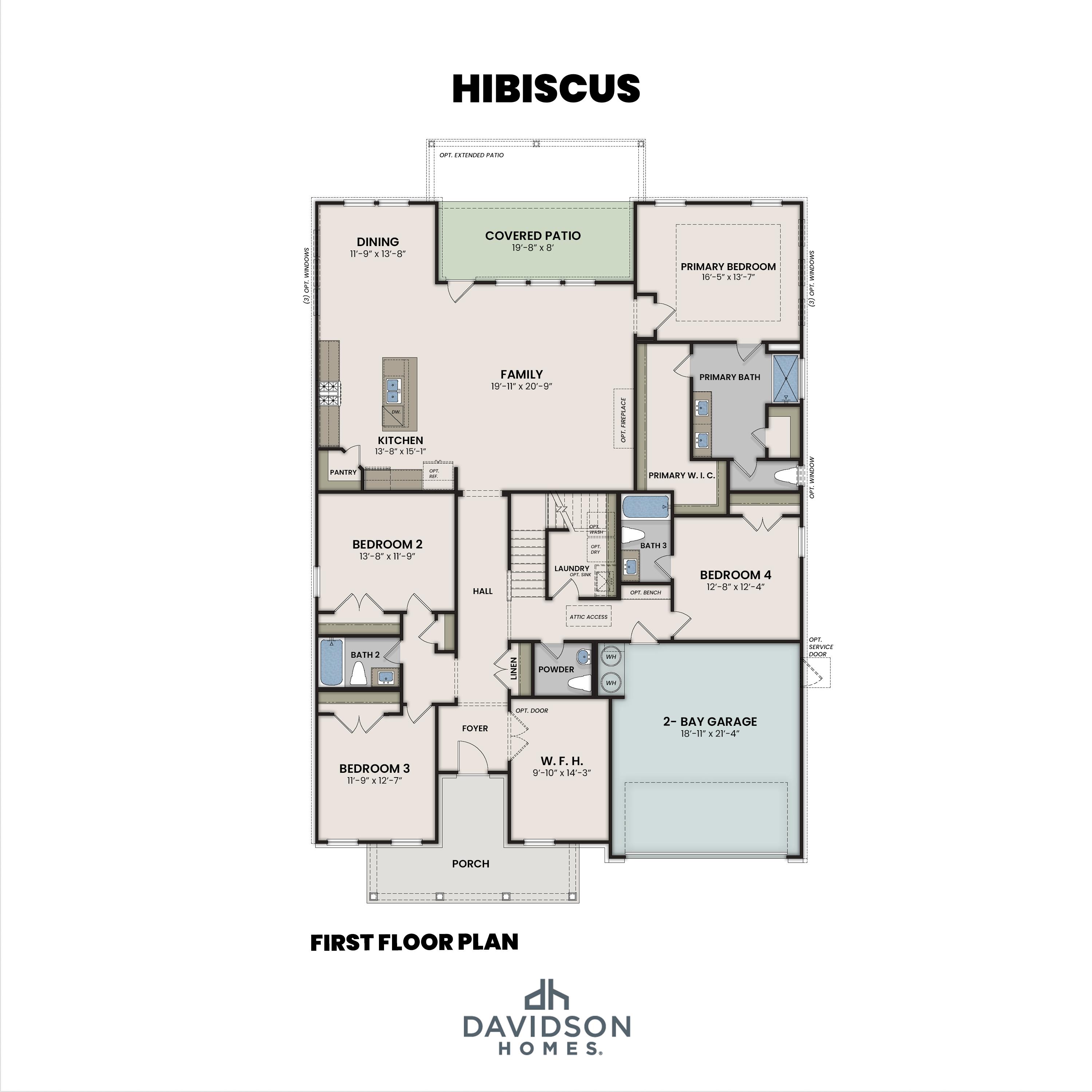 Floor plan of The Hibiscus D by Davidson Homes featuring 4 bedrooms, open-concept living, and a primary suite on main floor.