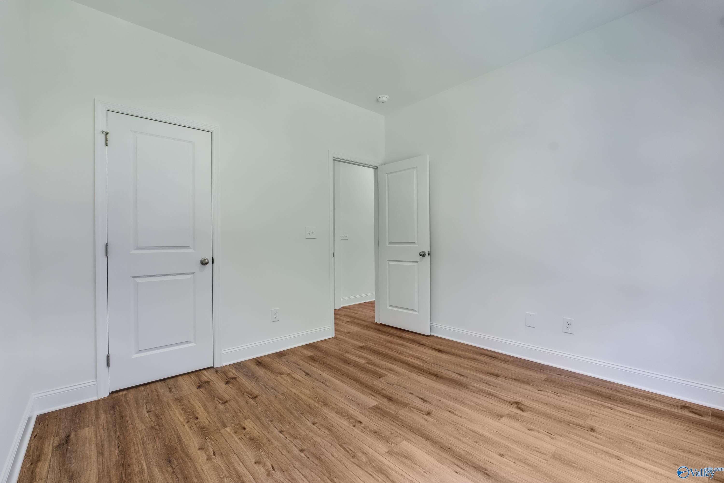 Empty bedroom with white walls, light wood floors, and double doors to closet and bath in The Shelby A, Arab, Alabama