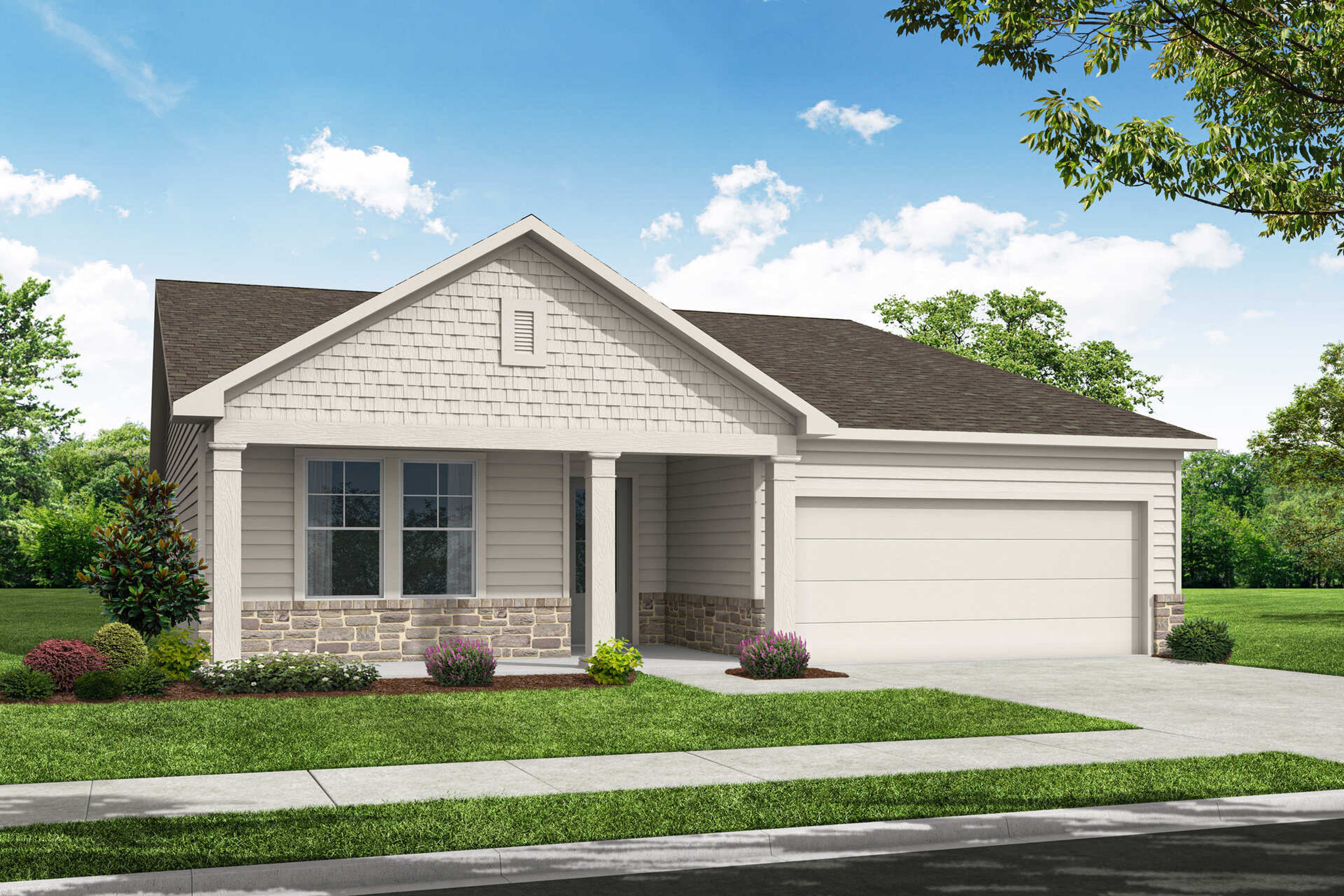 Front elevation of The Dawson A single-story home with stone accents, covered porch, 2-car garage, and lush landscaping in Loganville, Georgia