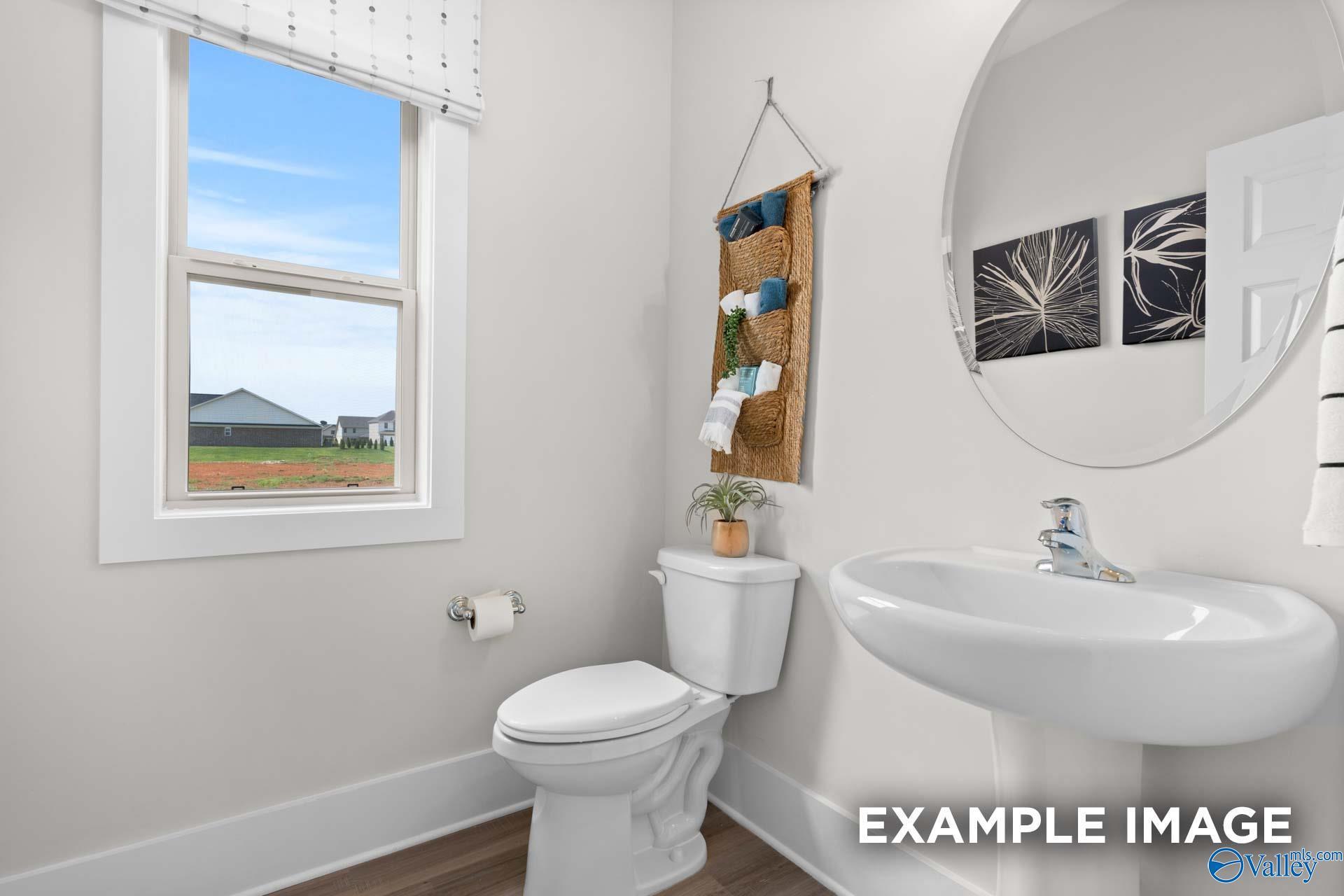 Bright half bath with pedestal sink, round mirror, and window overlooking Ivy Hills in Davidson Homes' Chelsea A, Toney, Alabama