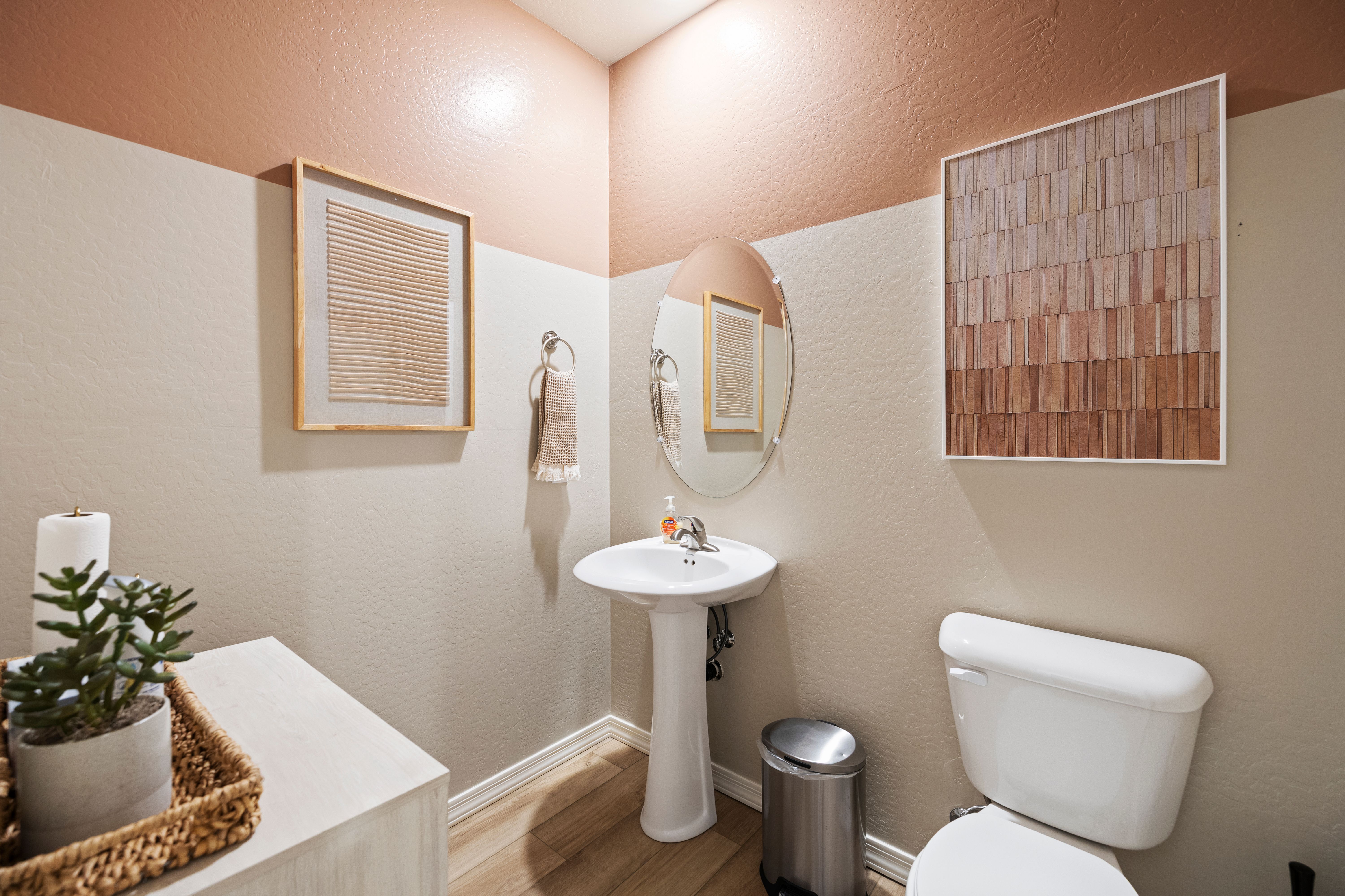 Modern powder room at North Ridge Pronghorn Ranch in Prescott Valley AZ by Davidson Homes with pedestal sink, round mirror, and two-tone walls