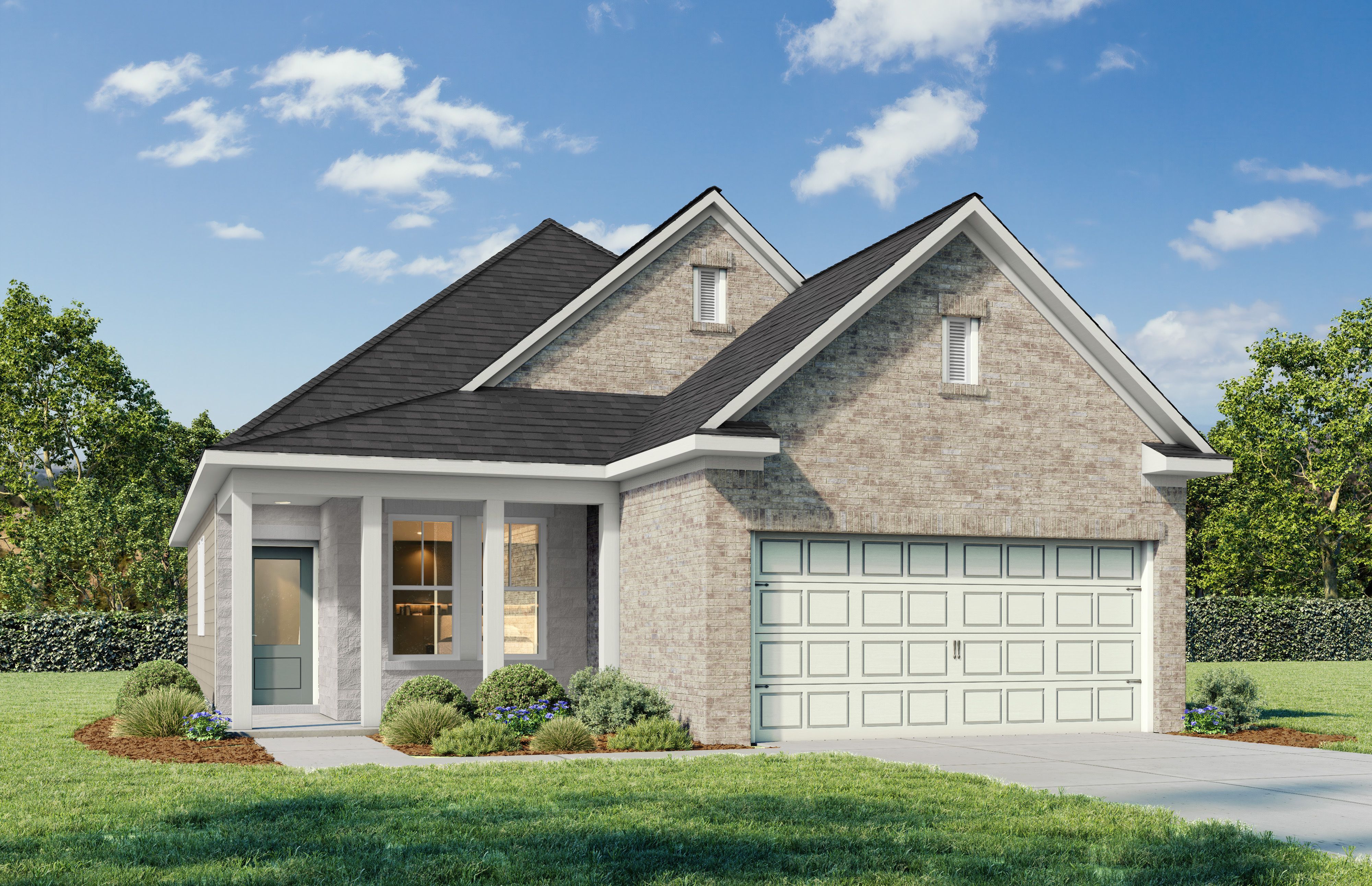 Modern brick elevation of The Azure G 3-bedroom single-story home featuring two-car garage, covered porch, and lush landscaping