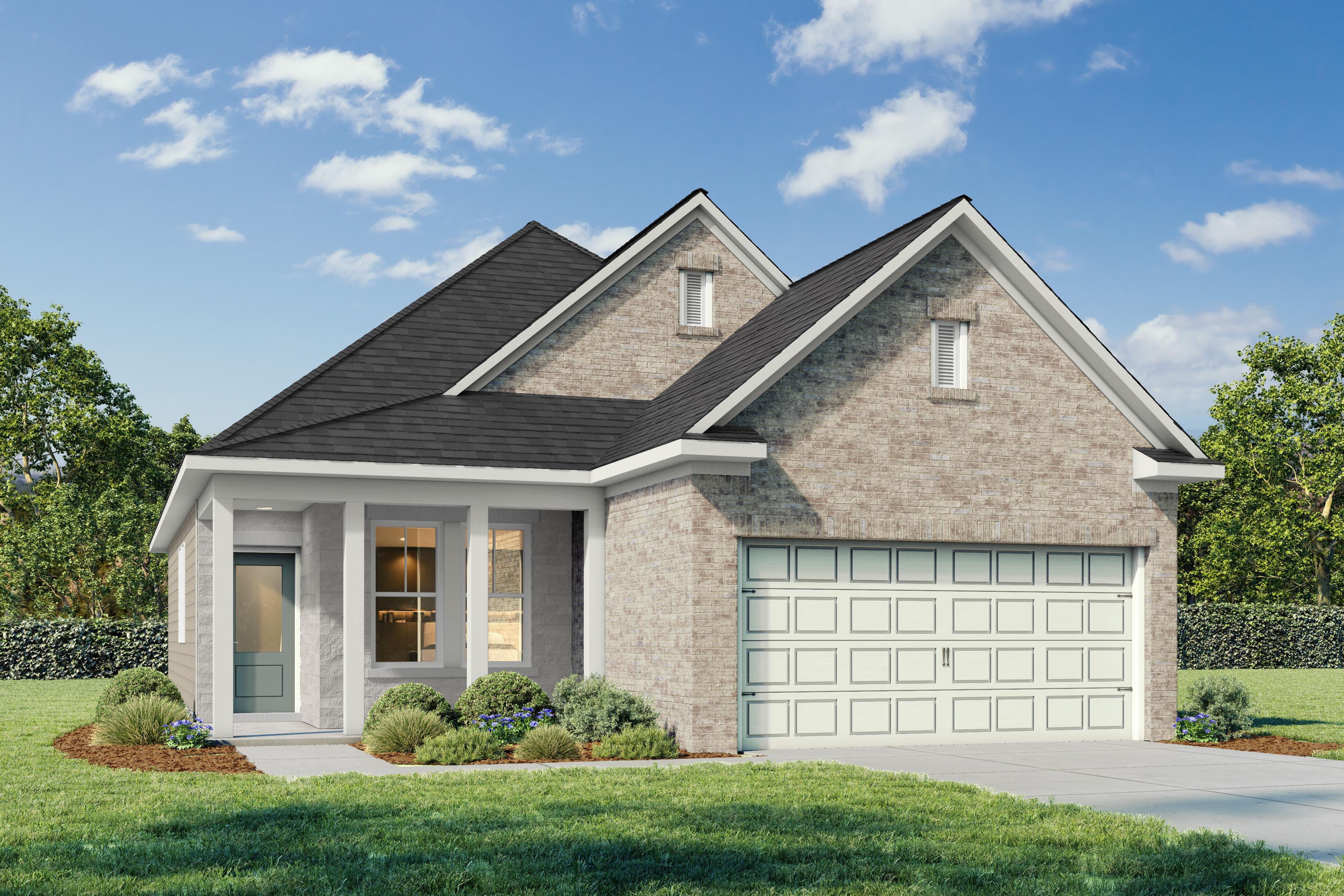Modern brick elevation of The Azure G 3-bedroom single-story home featuring two-car garage, covered porch, and lush landscaping