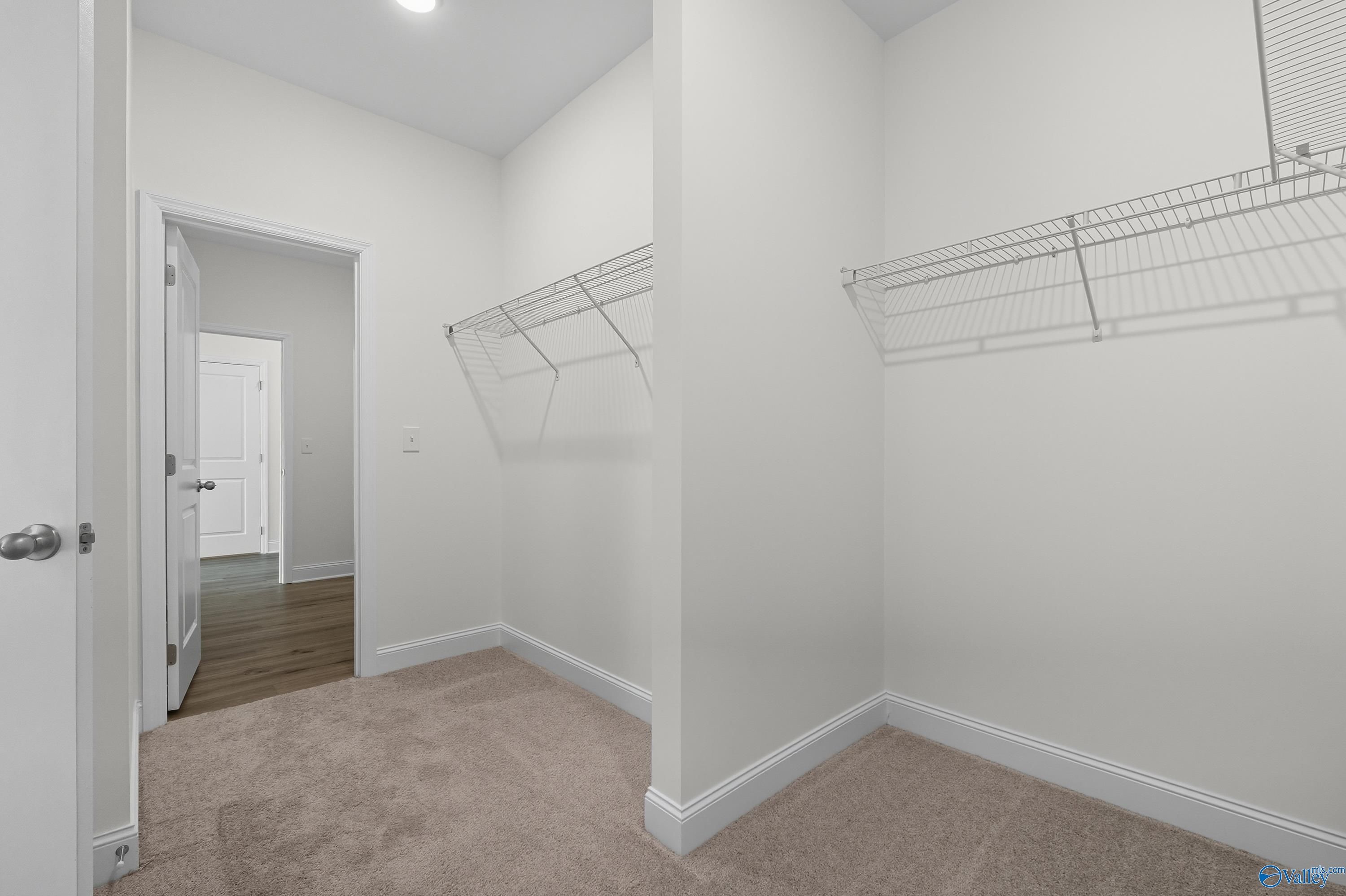 Spacious walk-in closet with wire shelving and carpeted floor in Davidson Homes The Everett, Meridianville, Alabama