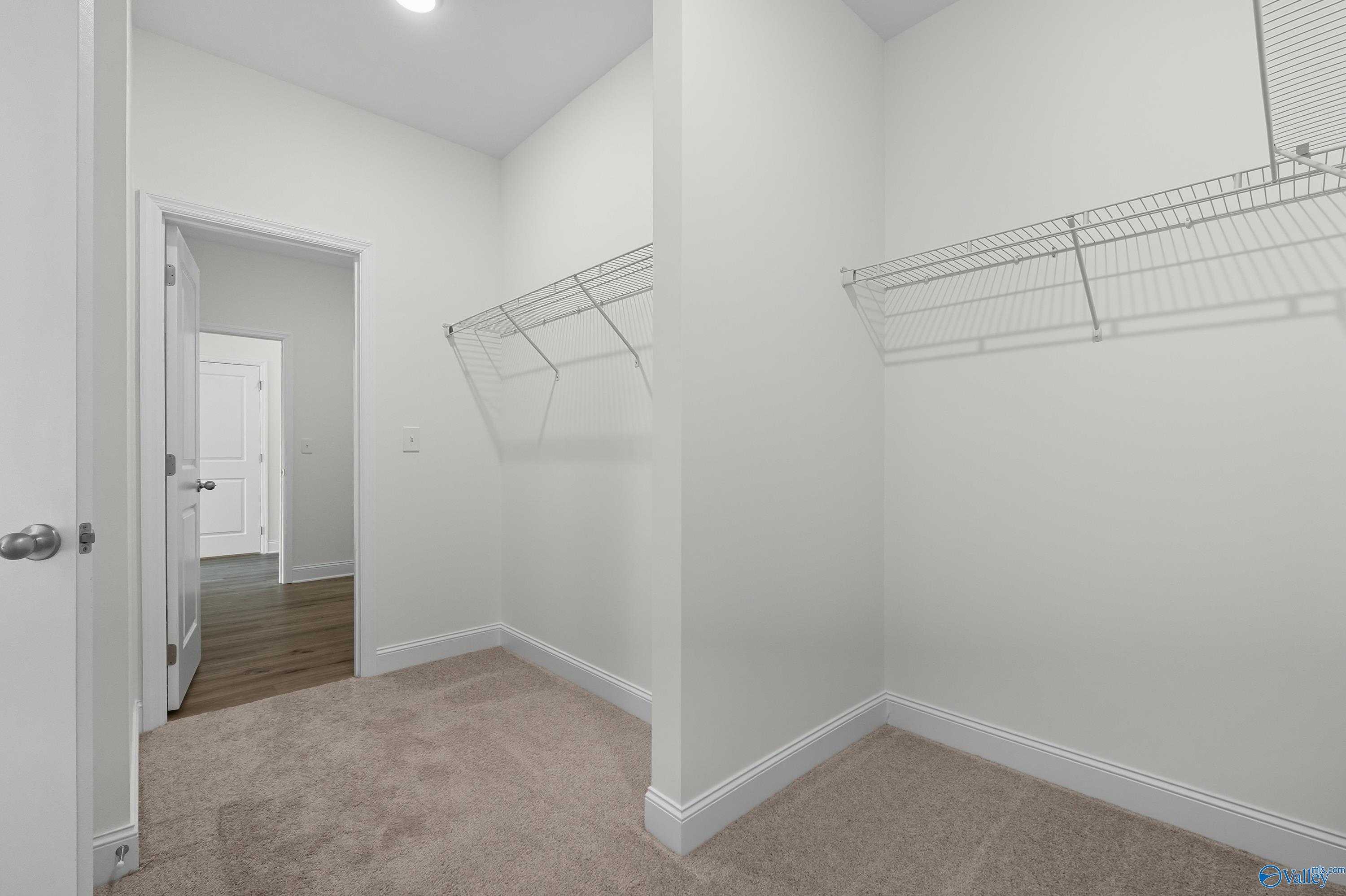Spacious walk-in closet with wire shelving, white walls, and carpeted floor in Davidson Homes The Everett, Meridianville, Alabama