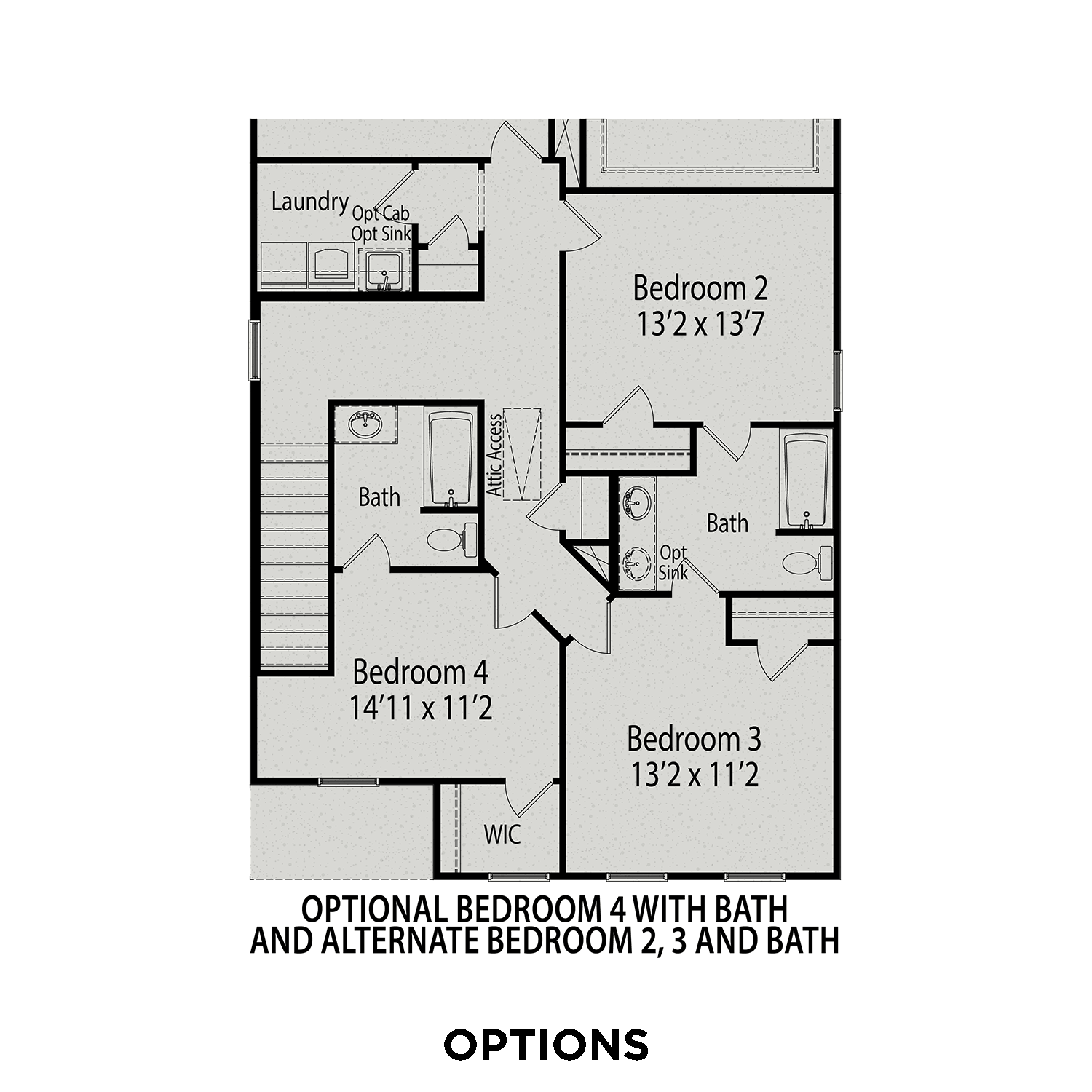 Upper floor plan of The Gavin B home design featuring bedrooms 2-4, shared baths, laundry room, and optional suite