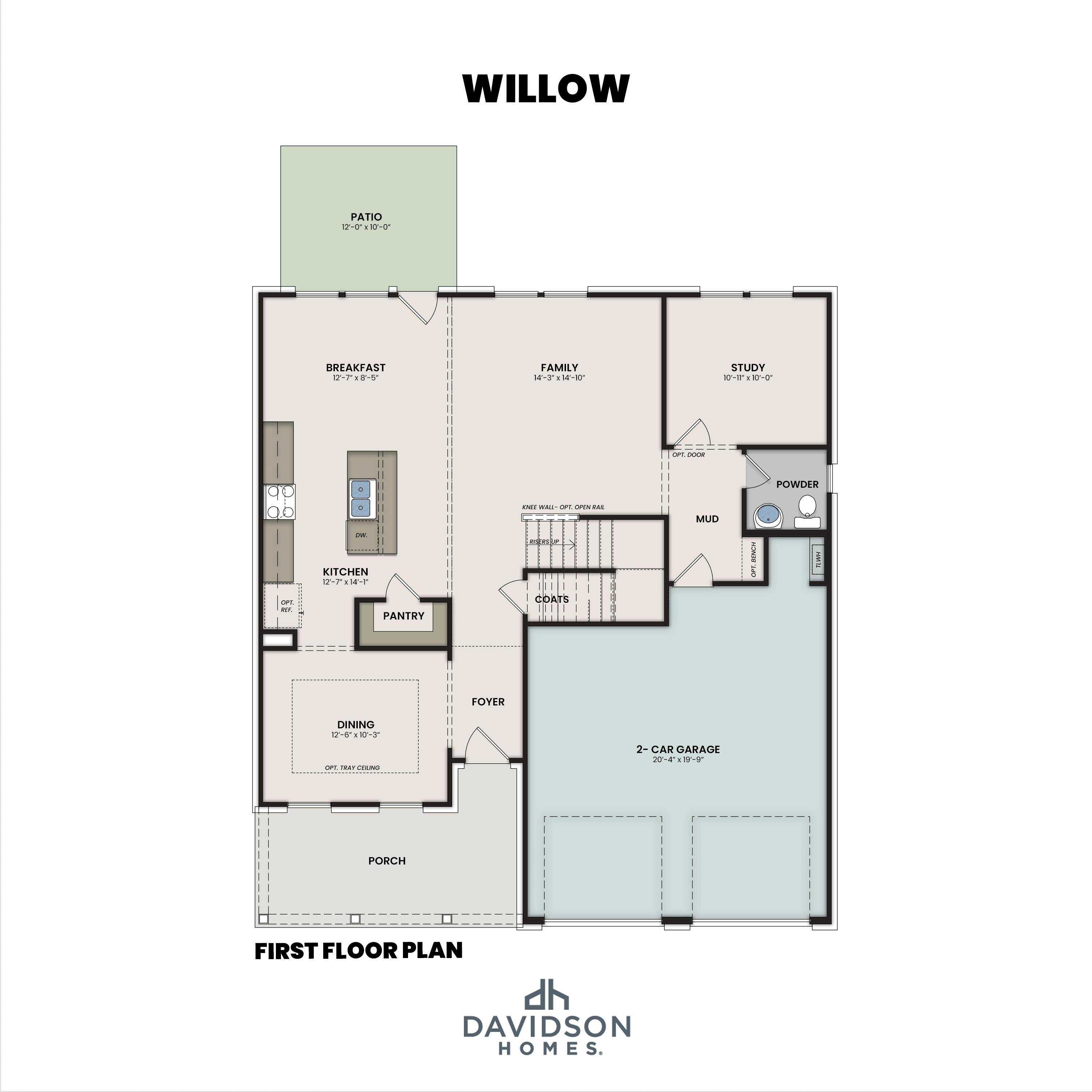 First floor plan of The Willow by Davidson Homes showing open kitchen, family room, study, dining area, and 2-car garage