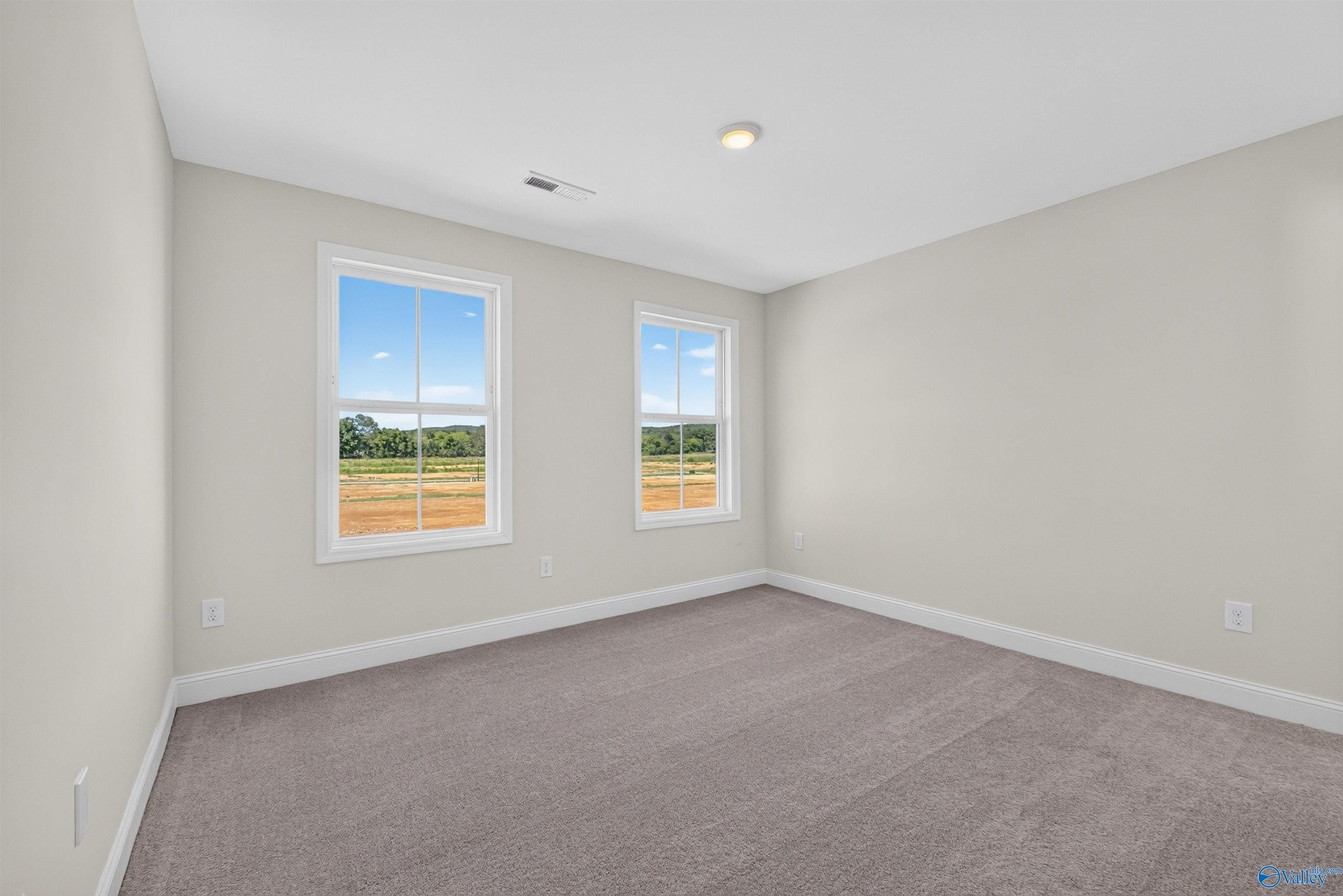Bright empty bedroom with carpet and double windows overlooking scenic views in Davidson Homes Ashport L, Berry Cove, Alabama