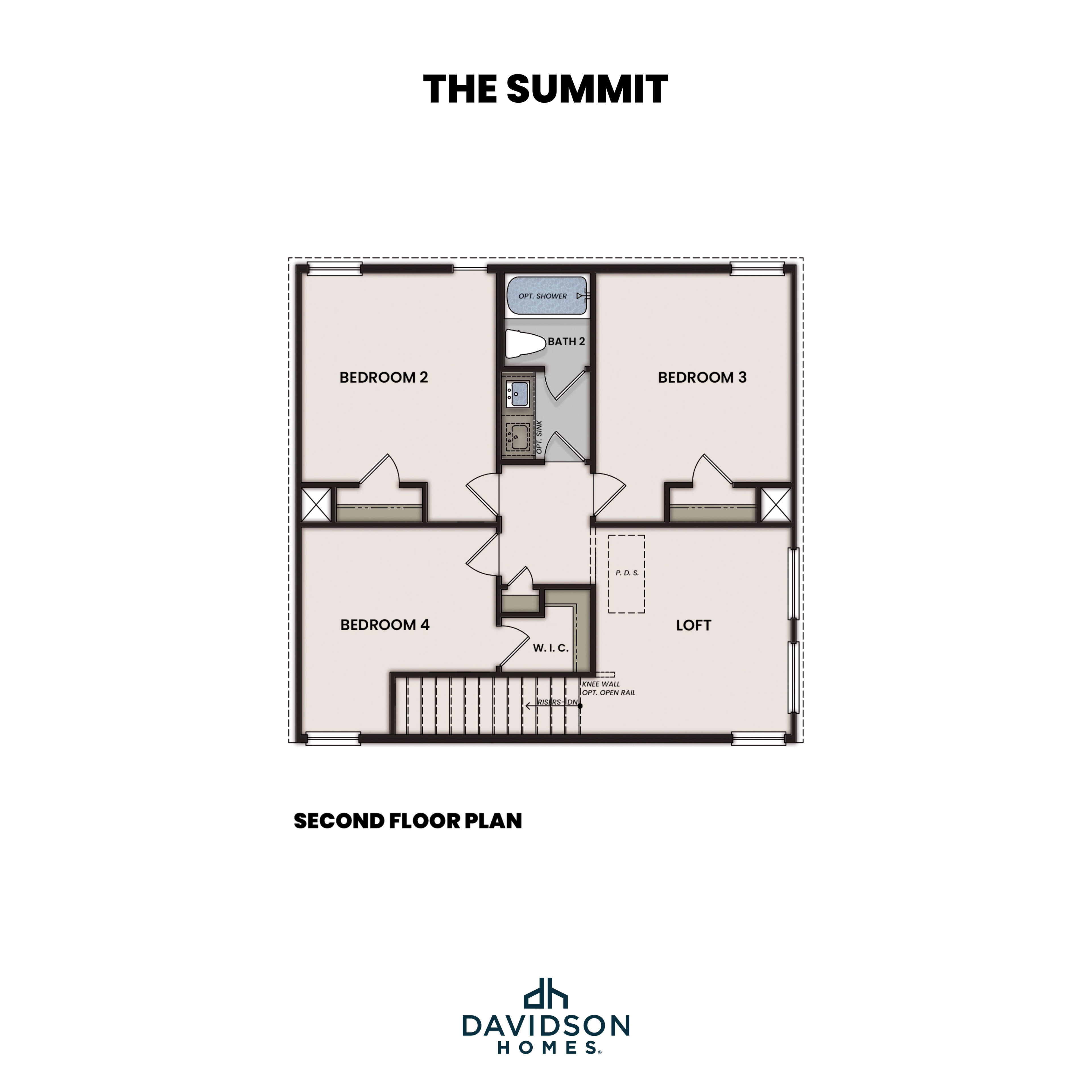 Second floor plan of The Summit by Davidson Homes with bedrooms 2-4, loft, full bath, and optional shower
