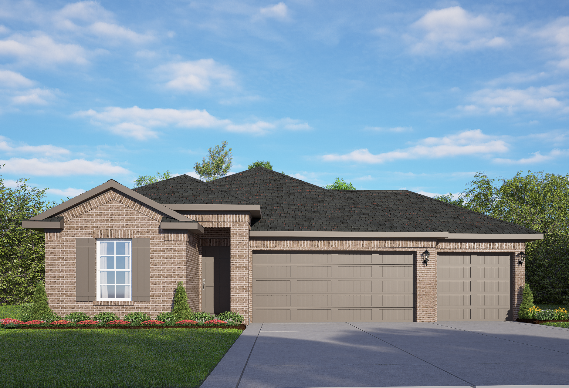 The Laguna A single-story home elevation with brick facade, 3-car garage, large windows, and landscaped yard in Rosharon TX