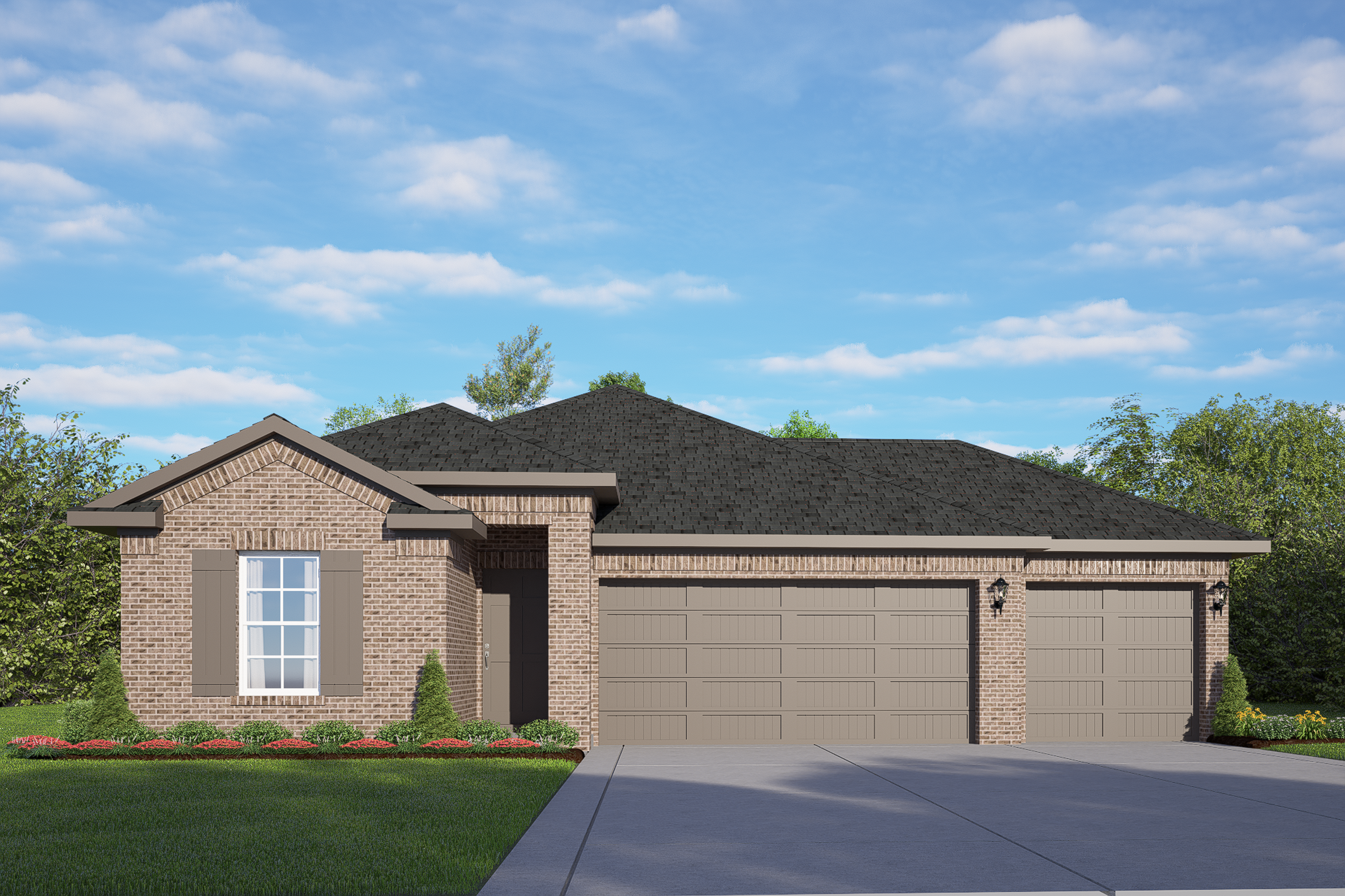 The Laguna A single-story home elevation with brick facade, 3-car garage, large windows, and landscaped yard in Rosharon TX