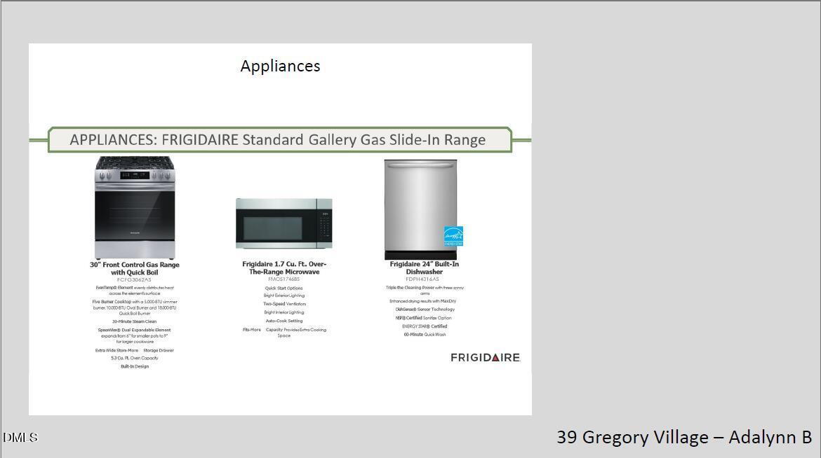 Frigidaire stainless steel gas slide-in range, built-in microwave, and dishwasher in Adalynn B home, Gregory Village, Lillington, NC