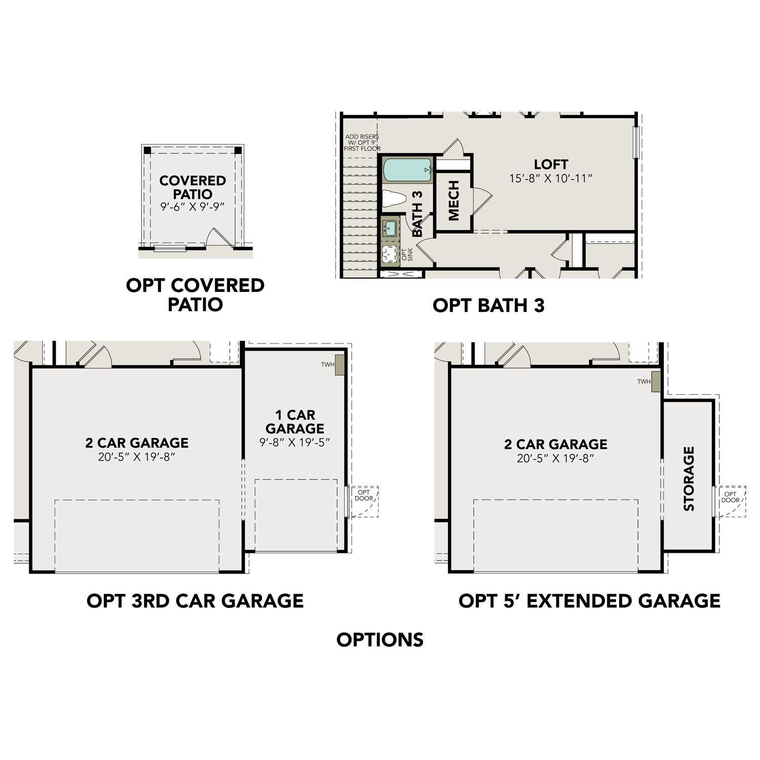 The Brazos F floor plan diagram featuring 2-car garage, optional 3rd car extension, covered patio, loft, and baths in 5-bedroom Davidson Homes, Conroe, Texas