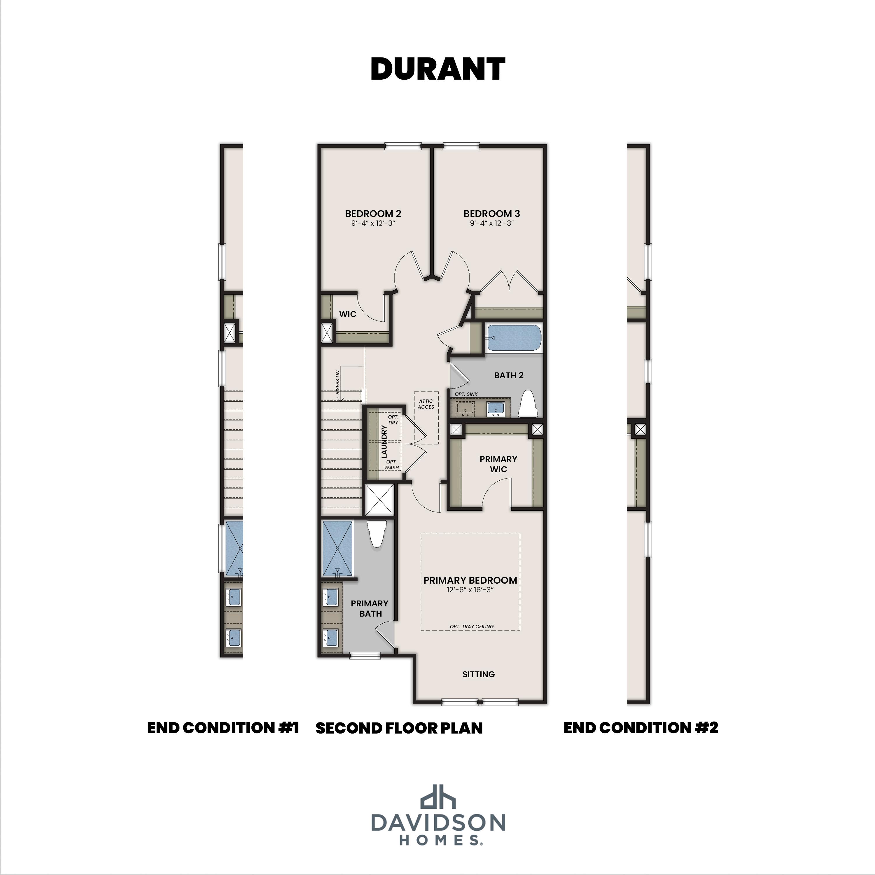Upper floor layout of The Durant featuring a spacious master suite, two additional bedrooms, and a shared bathroom.