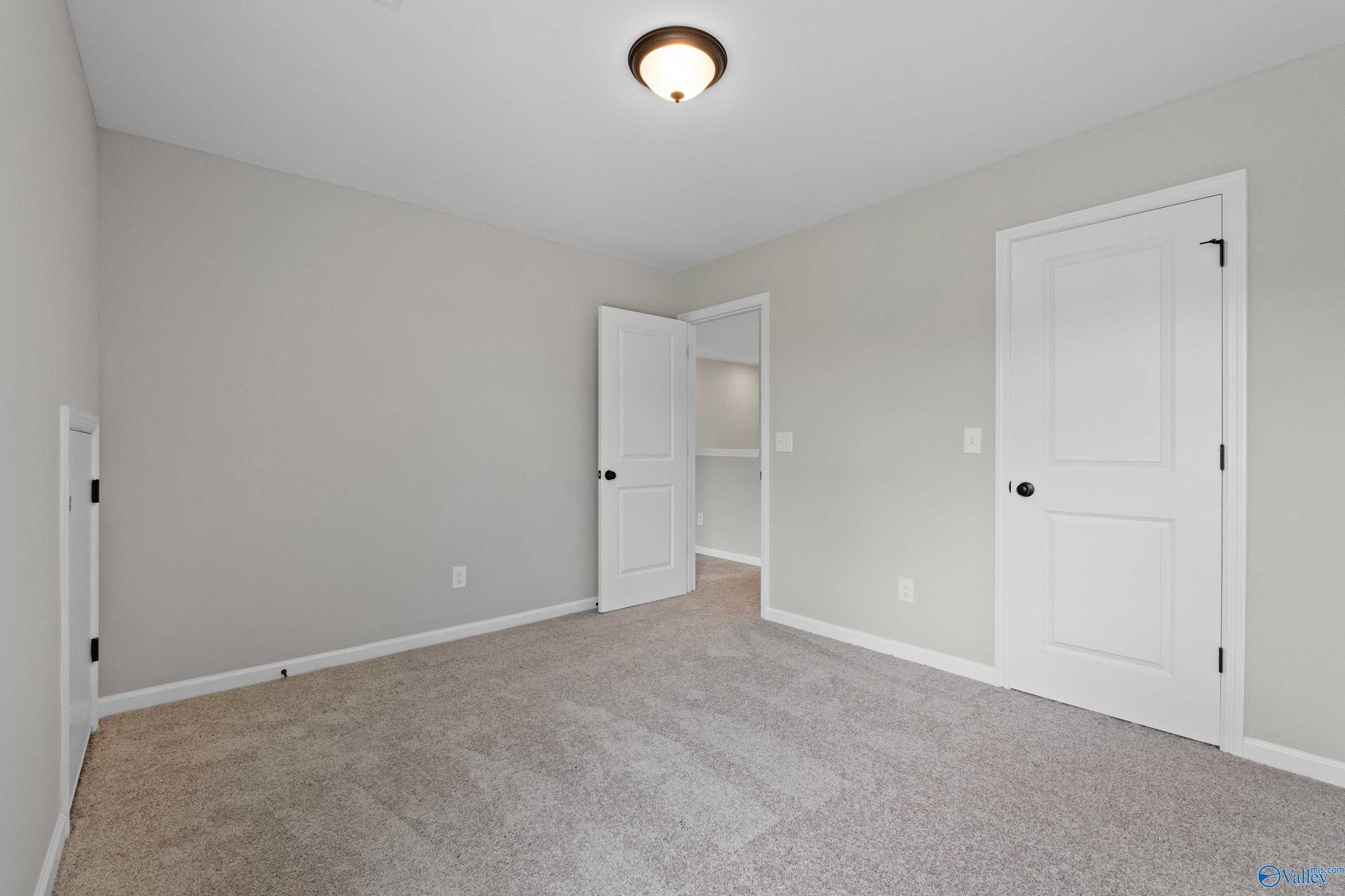 Neutral-toned secondary bedroom with beige walls, carpeted floor, white doors, and ceiling light in Davidson Homes The Dorado, Huntsville