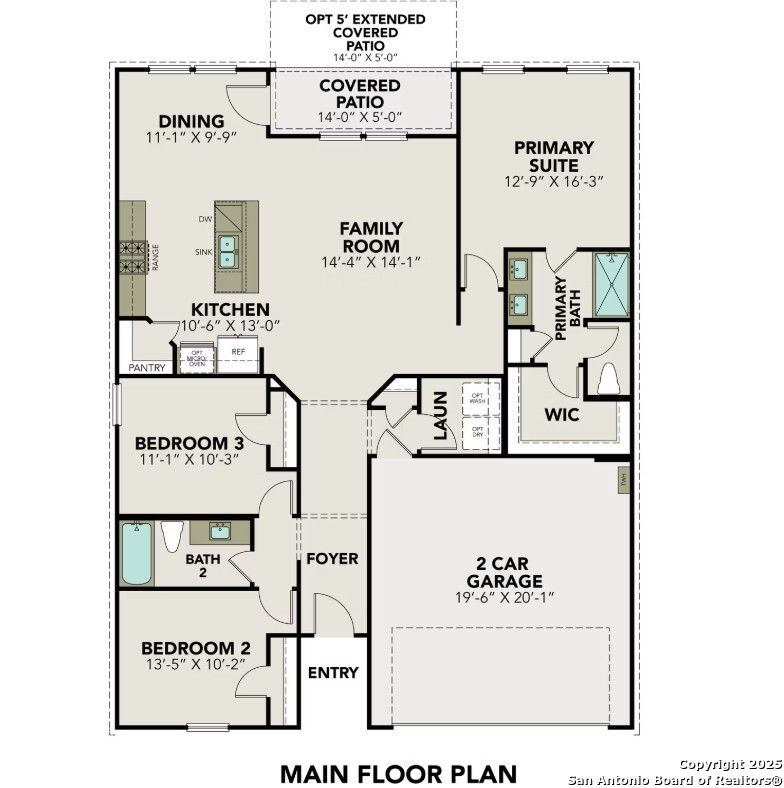 Main floor plan of The Asheville J 3-bedroom, 2-bath home with open kitchen, family room, and 2-car garage in San Antonio, Texas
