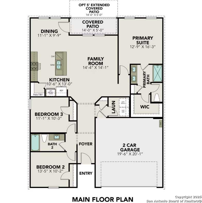 Main floor plan of The Asheville J 3-bedroom, 2-bath home with open kitchen, family room, and 2-car garage in San Antonio, Texas