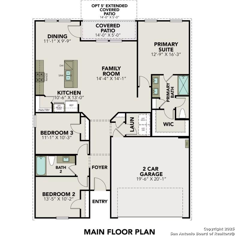 Main floor plan of The Asheville J 3-bedroom, 2-bath home with open kitchen, family room, and 2-car garage in San Antonio, Texas