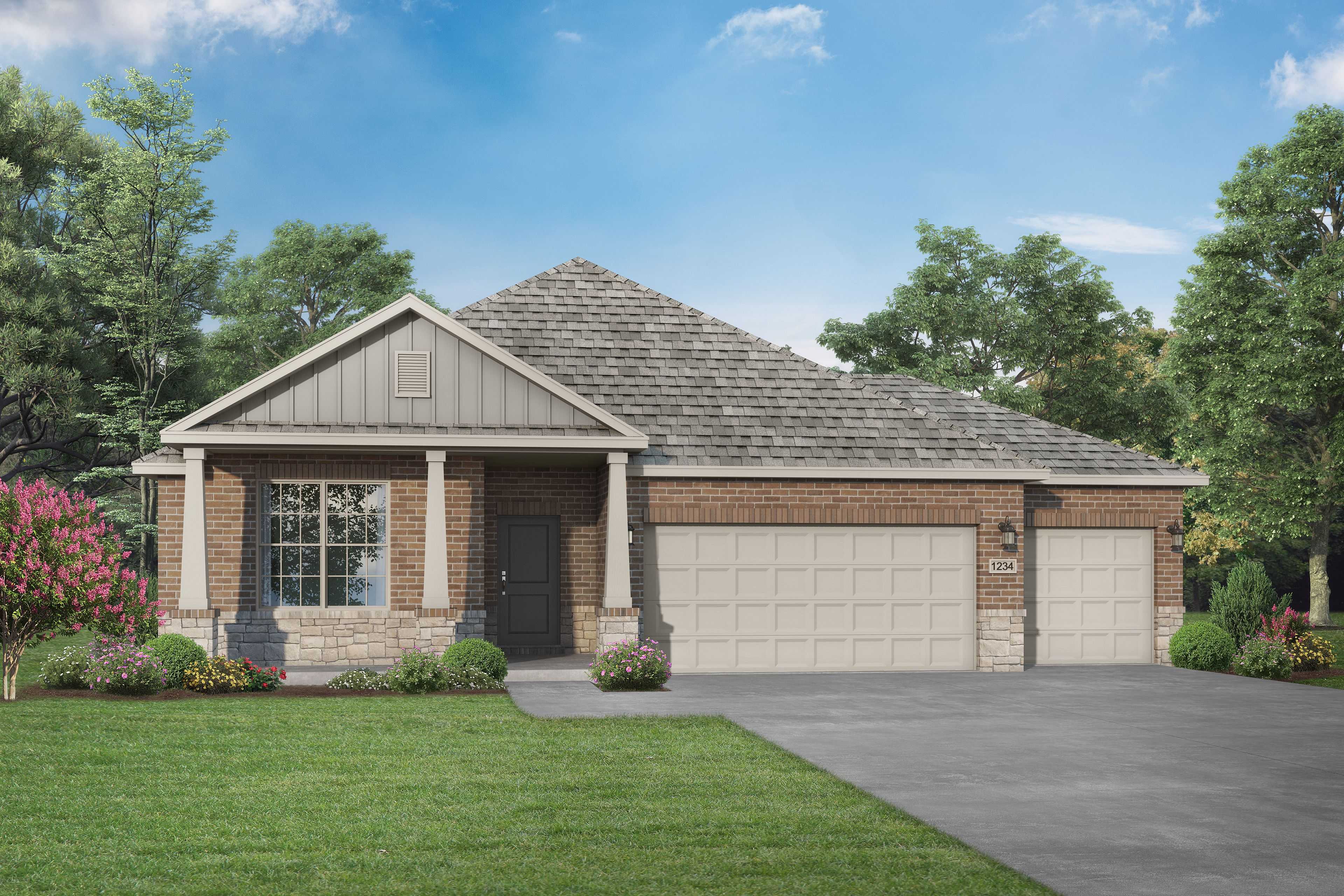 Brick single-story elevation of The Daphne H with 3-car garage, covered porch, and lush landscaping by Davidson Homes