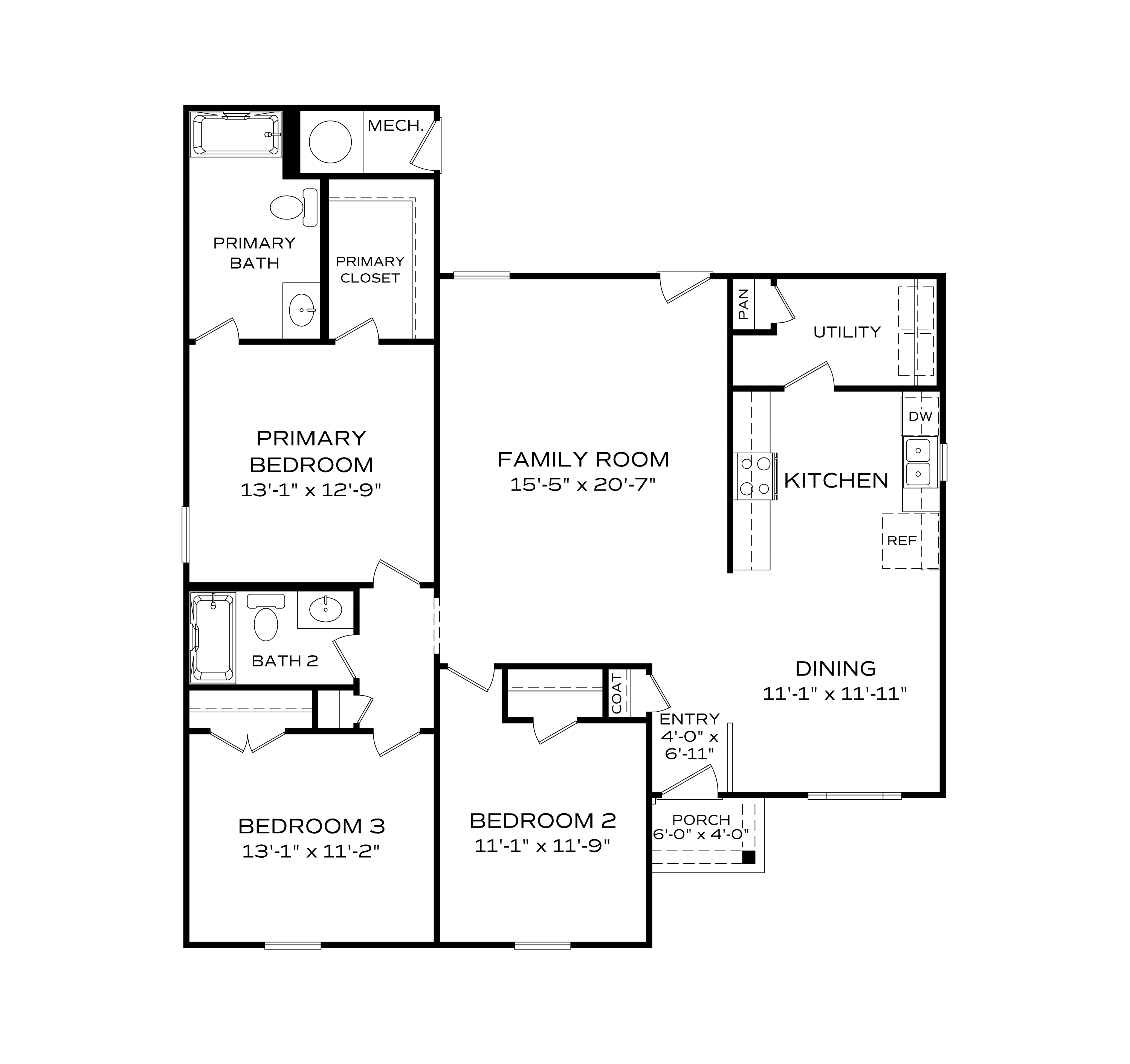 The Washington 3-bedroom 2-bath floor plan by Evermore Homes featuring open family room, kitchen, dining, and primary suite