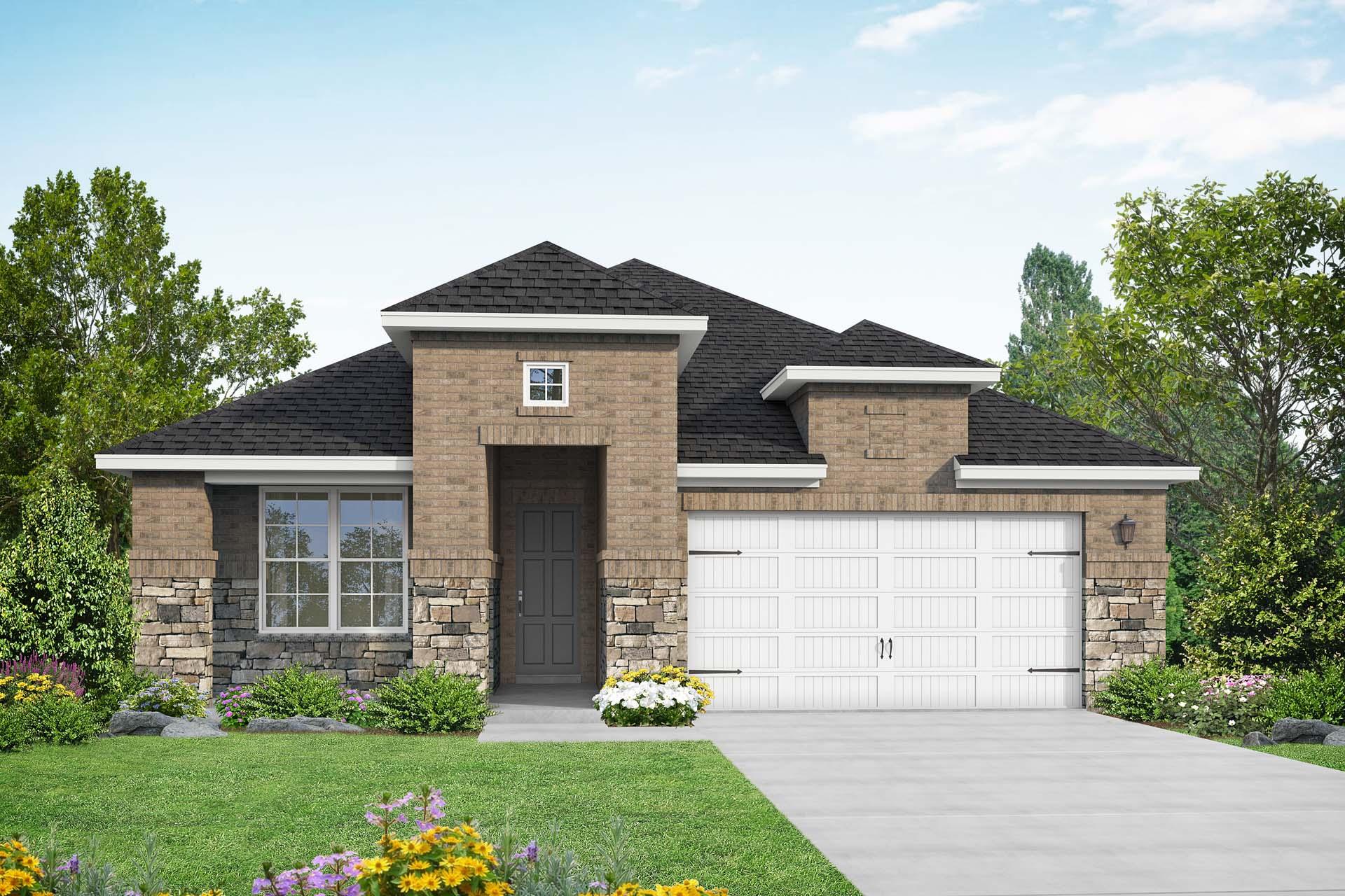 Charming Acadia single-story home exterior with brick and stone facade, 2-car garage, and lush landscaped yard in Magnolia Texas