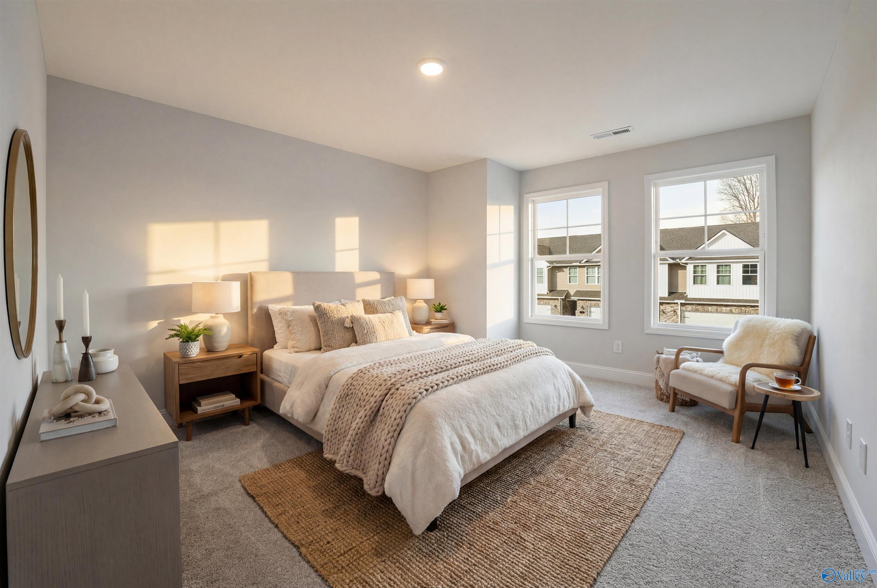 Sunlit secondary bedroom with queen bed, neutral tones, large windows, and cozy armchair in Davidson Homes The Camden, Huntsville, Alabama
