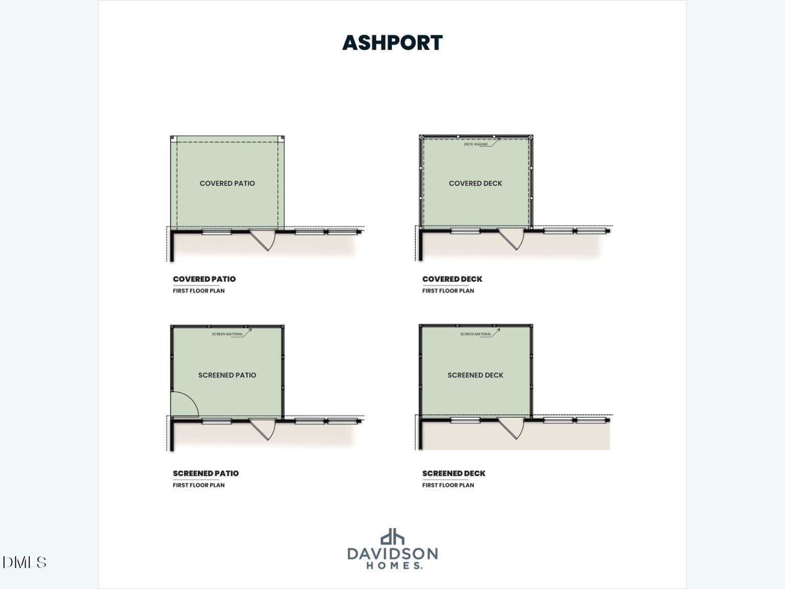 Ashport L floor plan options: covered patio, screened patio, covered deck, screened deck in Davidson Homes, Wake Forest, NC