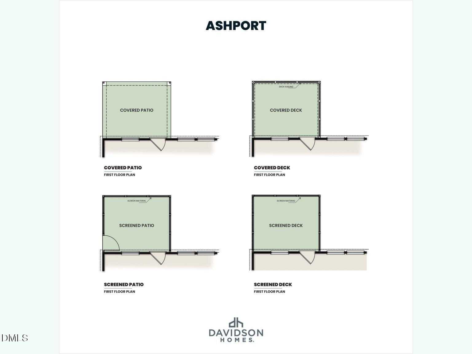 Ashport L floor plan options: covered patio, screened patio, covered deck, screened deck in Davidson Homes, Wake Forest, NC