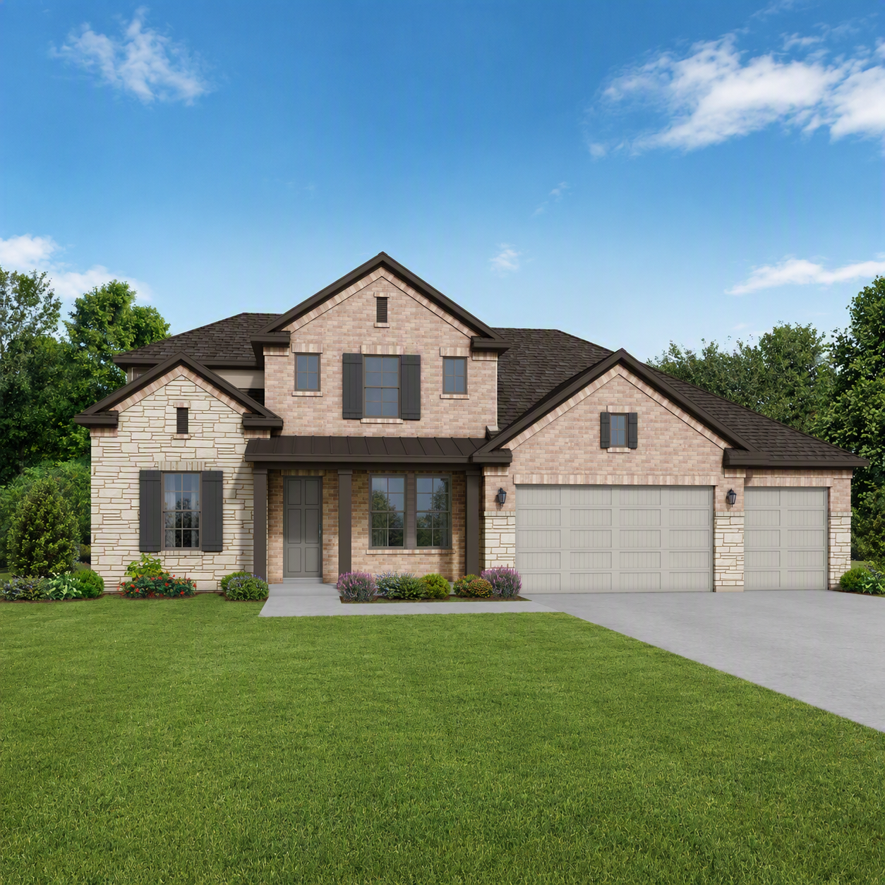 Front elevation of The Victoria by Davidson Homes showing brick and stone facade, covered porch, and 4-car garage in Texas City