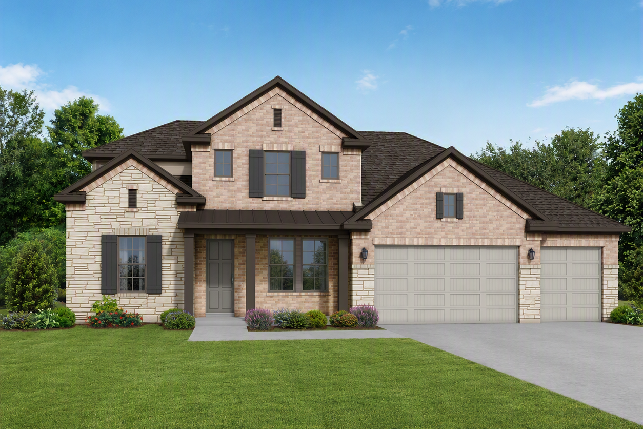 Front elevation of The Victoria by Davidson Homes showing brick and stone facade, covered porch, and 4-car garage in Texas City