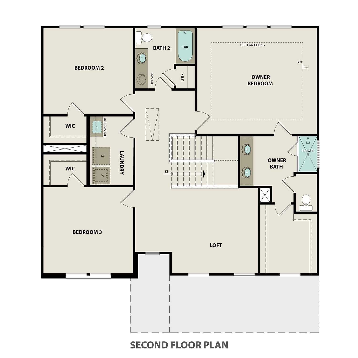Second floor plan of The Willow B: master suite, bedrooms 2-3, loft, baths, laundry in 4-bed Davidson Homes, Gallatin, TN