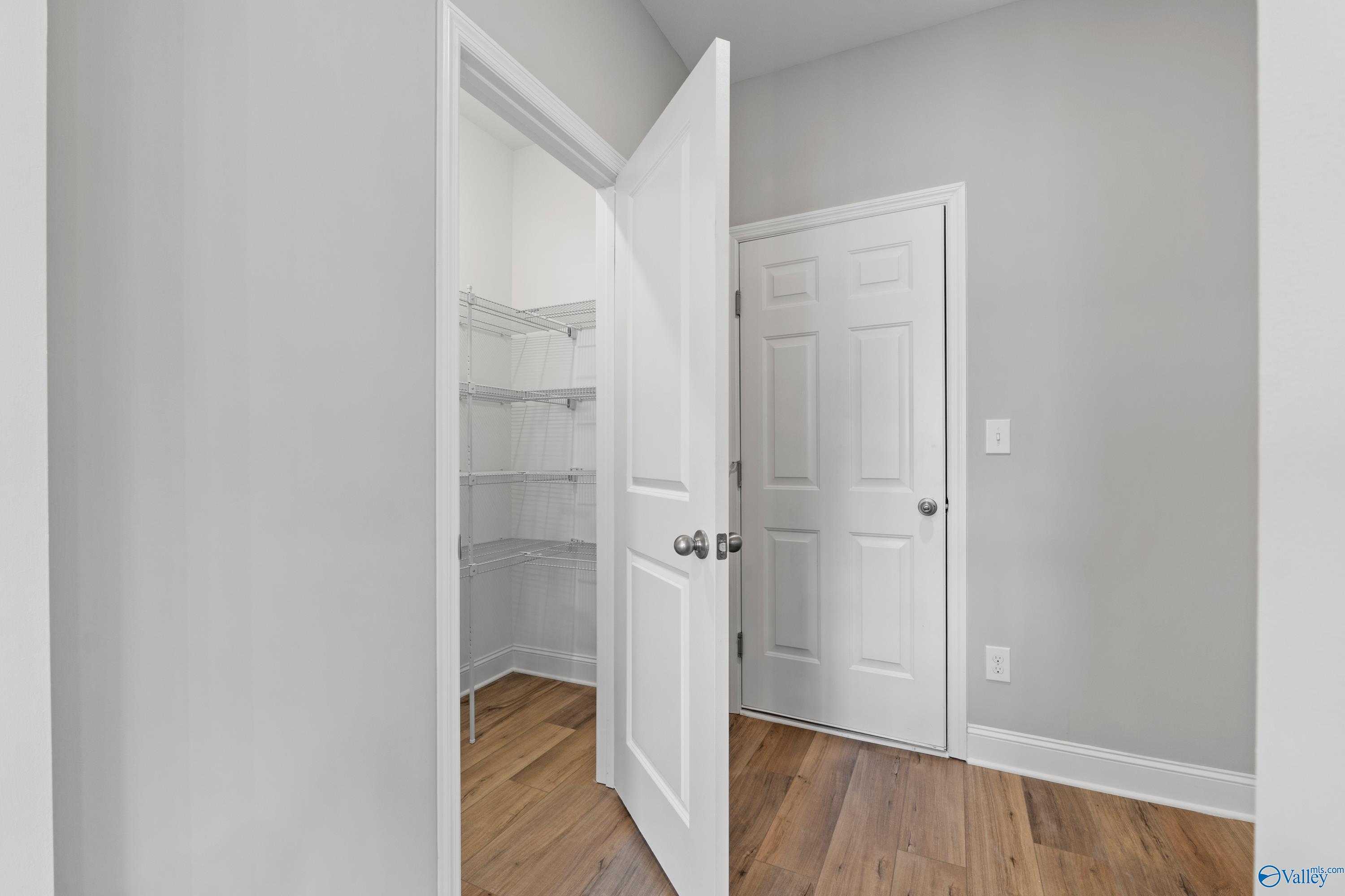 Spacious walk-in closet with wire shelving and open doors in master bedroom, The Chelsea B by Davidson Homes, New Market, AL