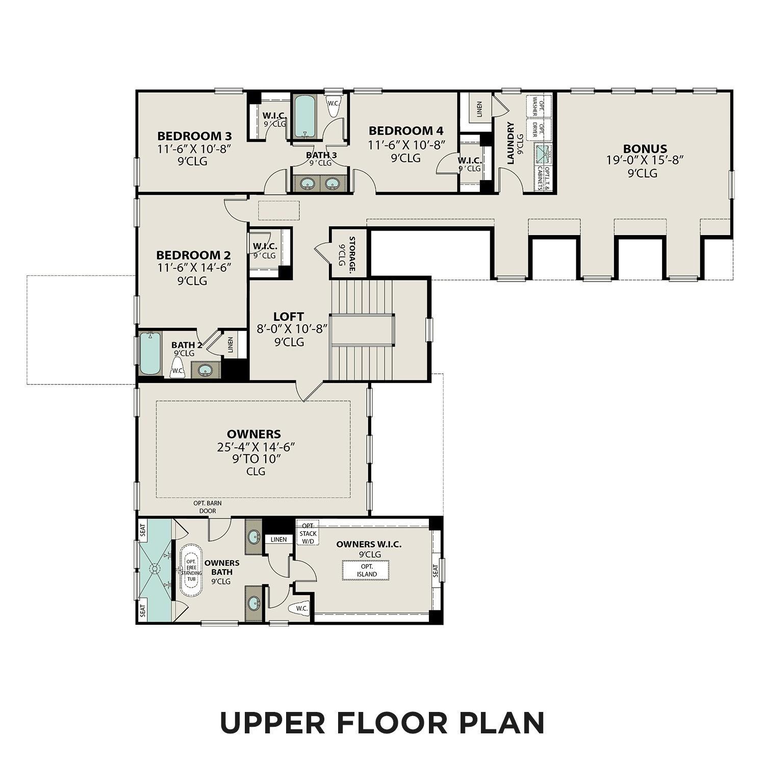 Upper floor plan of The Alston A: owner's suite, bedrooms 3 & 4, bonus room, baths in 4-bed Davidson Homes Murfreesboro residence