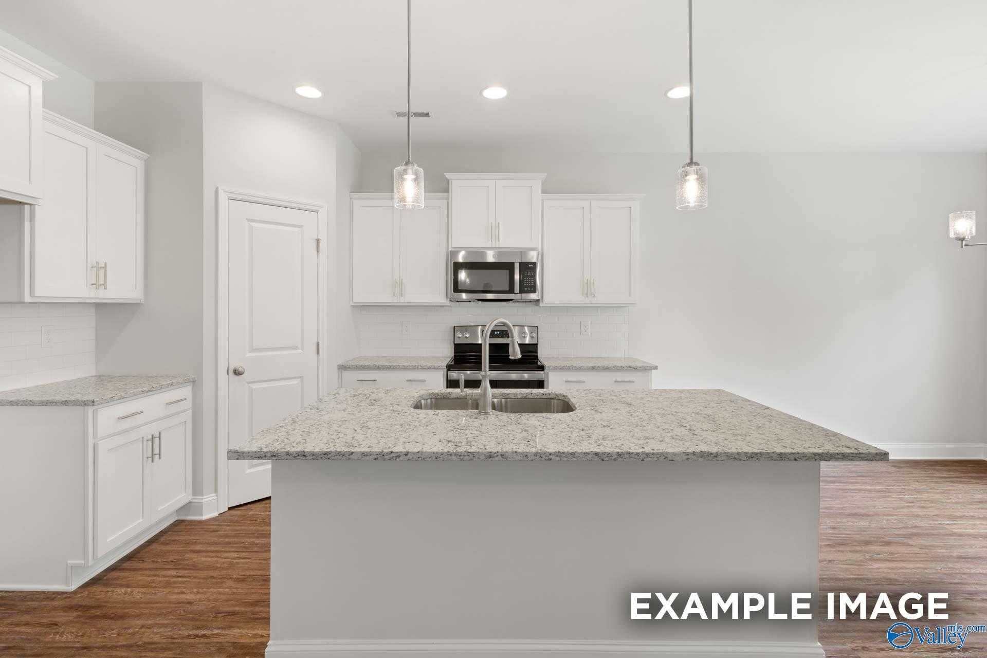 Modern white kitchen with granite island sink, stainless appliances, pendant lights in The Asheville C, Meridianville, AL