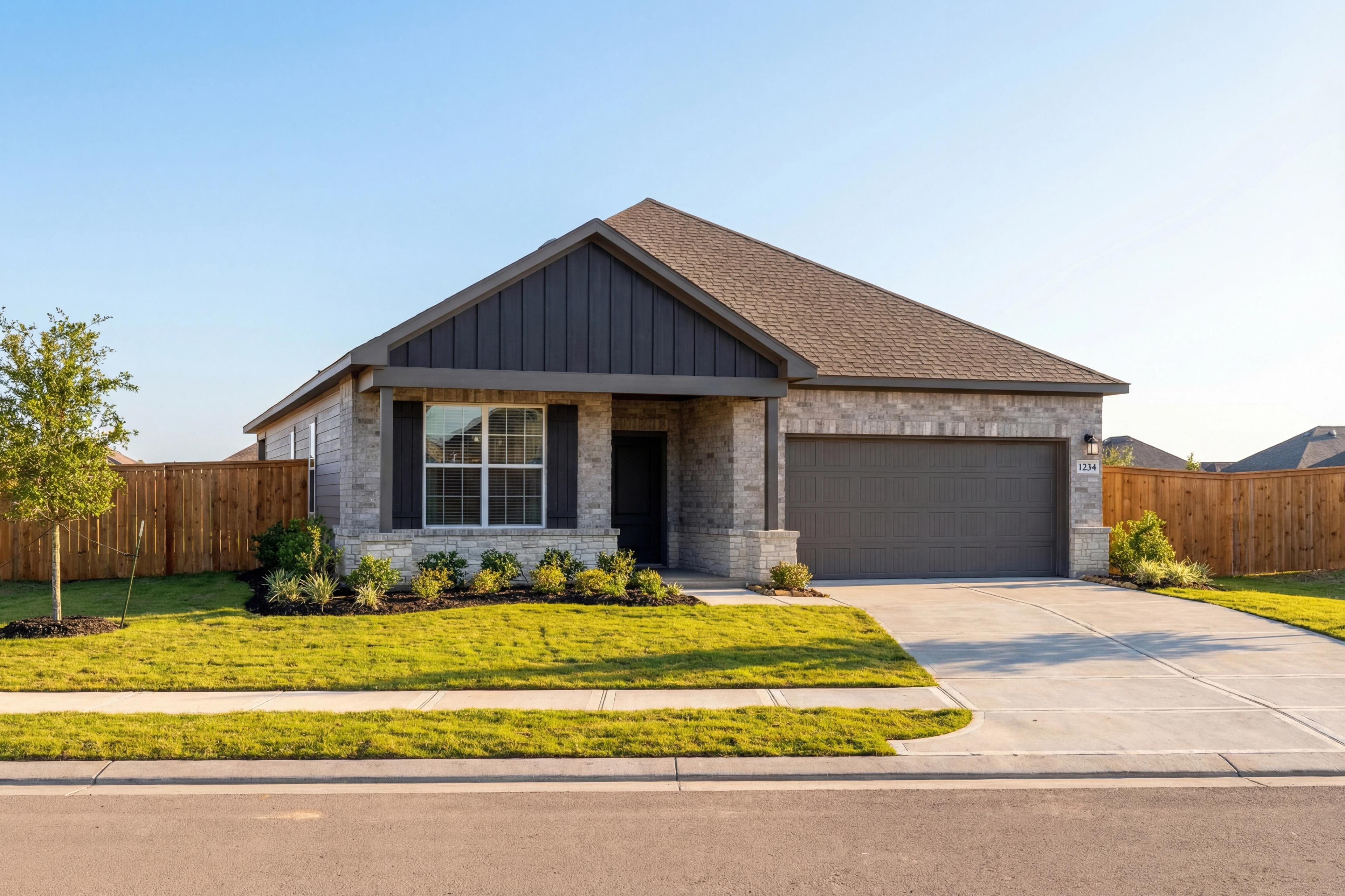 Modern single-story Everett C home elevation with stone brick siding, dark roof, 2-car garage, and landscaped front yard